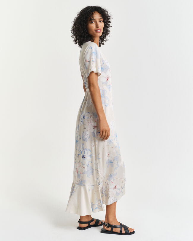 Abito a portafoglio maniche corte con volant e stampa floreale