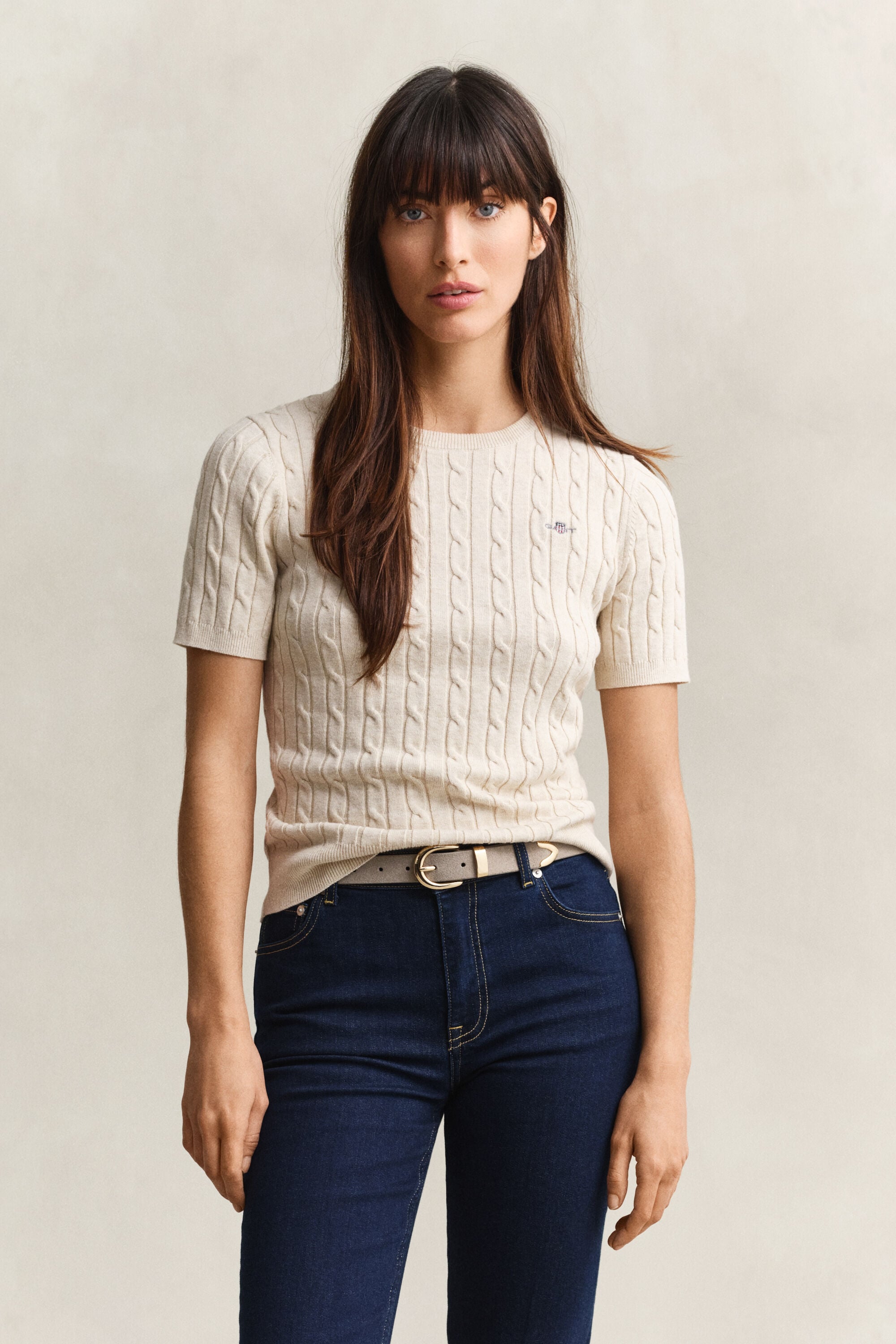 Maglia a trecce maniche corte in cotone elasticizzato