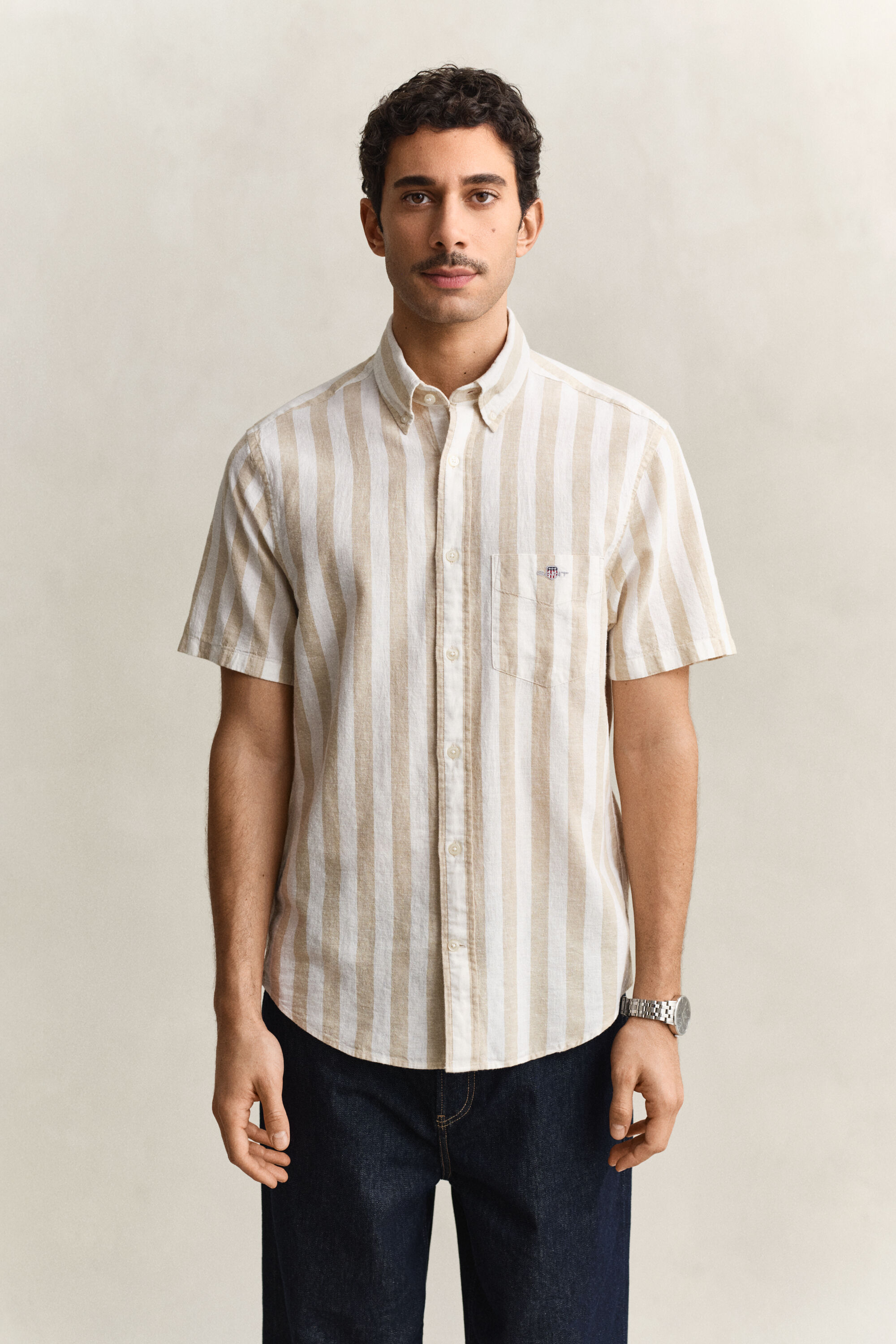 Camicia a maniche corte a righe in misto lino