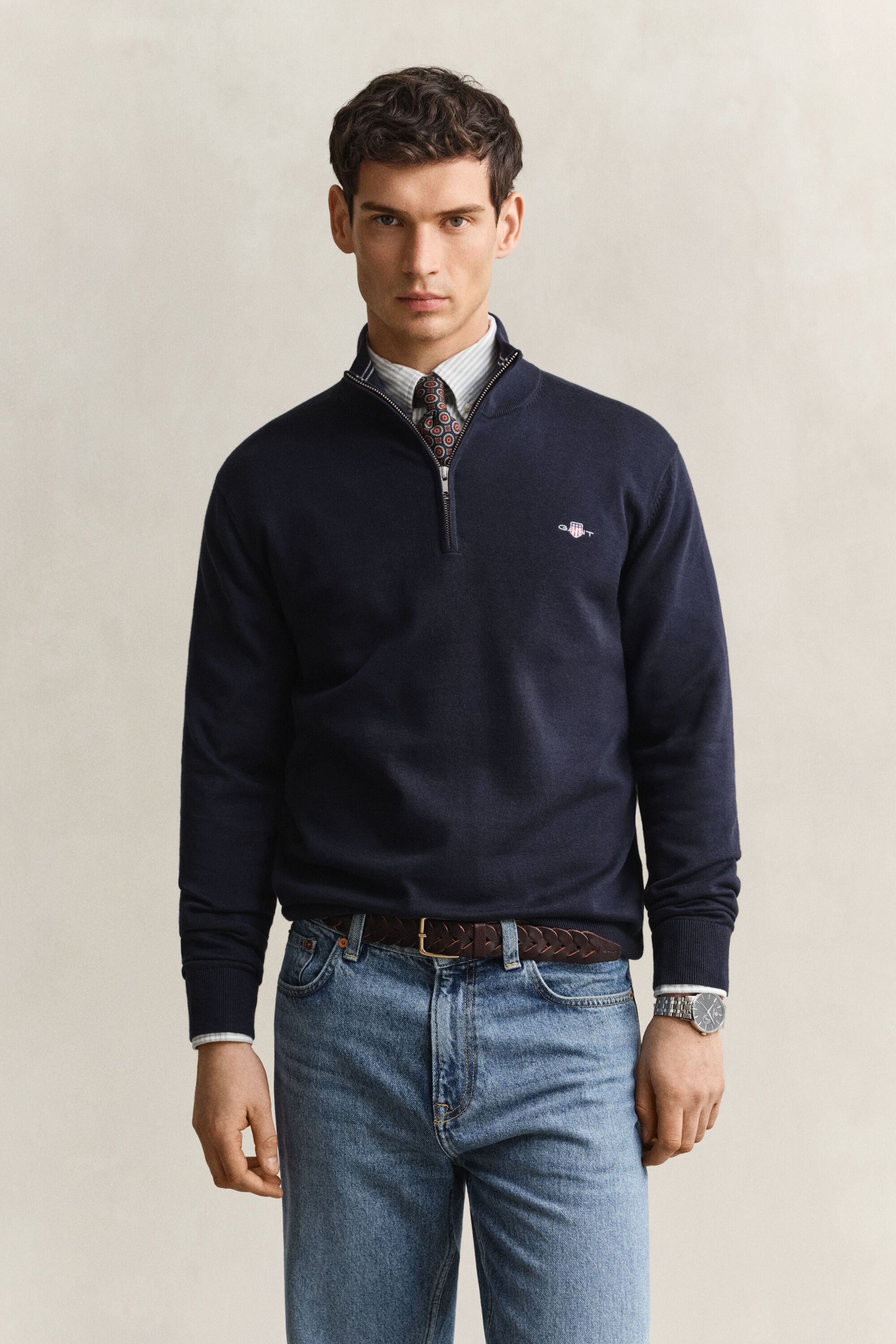 Maglia in cotone classico con zip corta