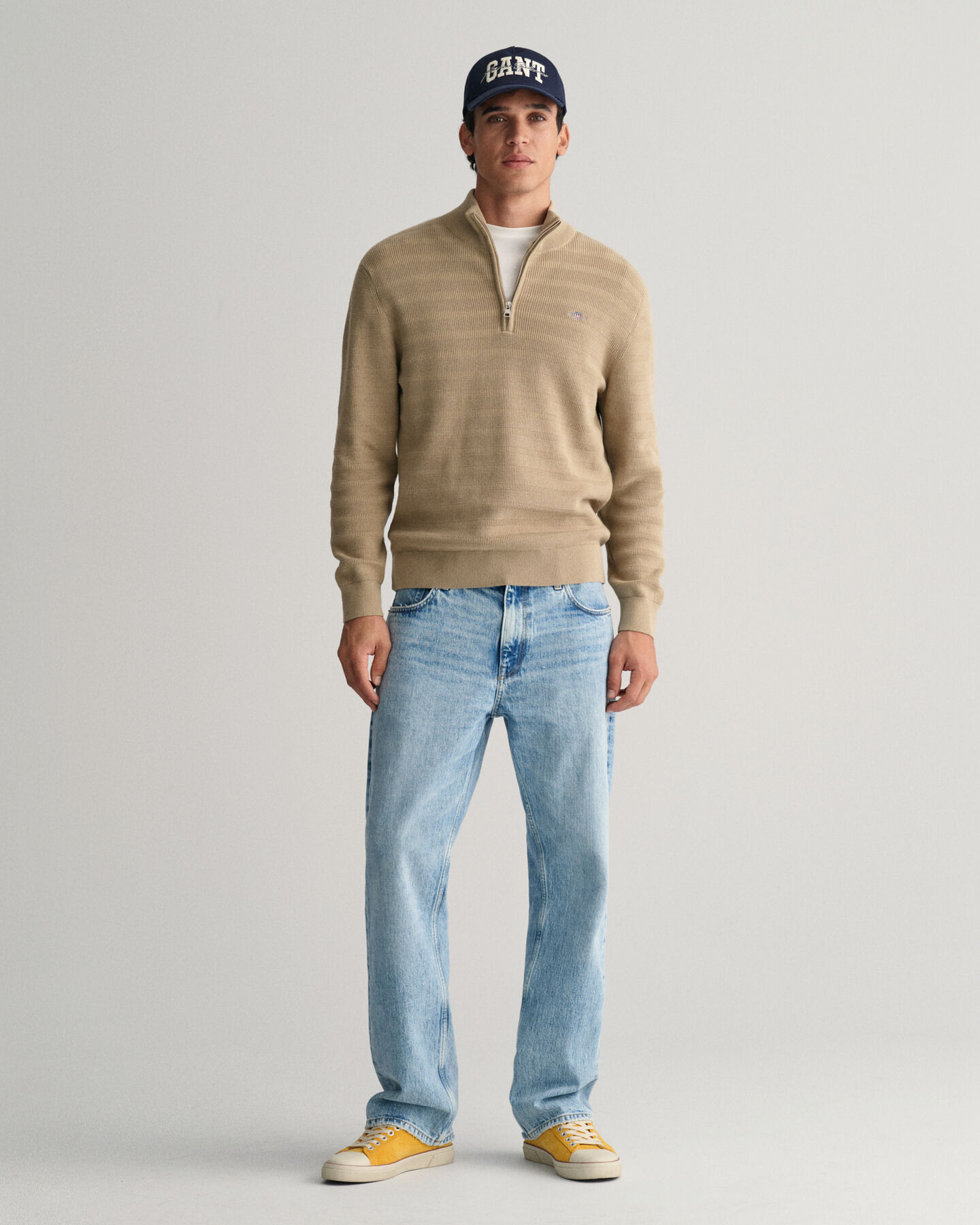 Maglia a righe in cotone testurizzato con zip corta