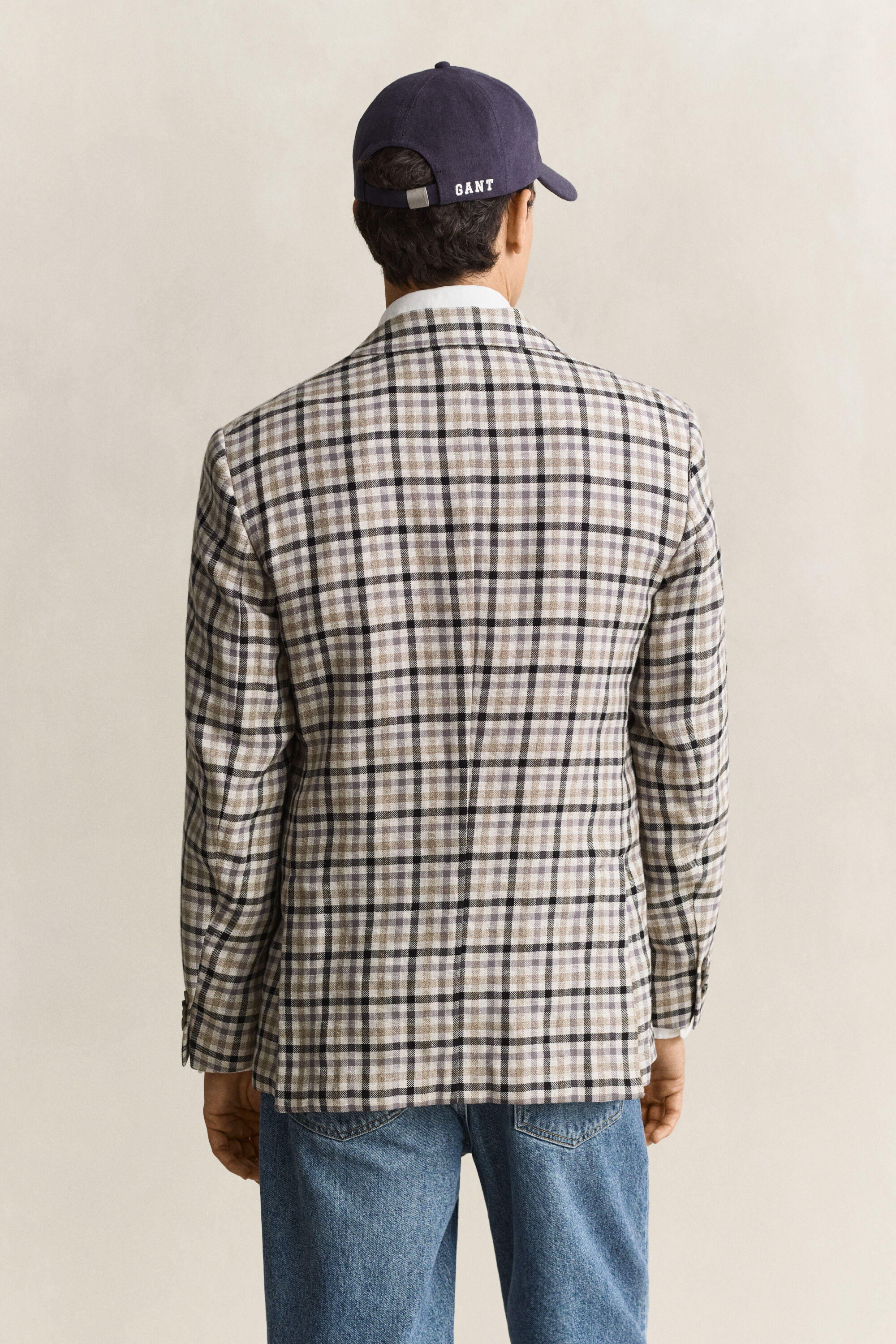Blazer a quadri in lana e lino