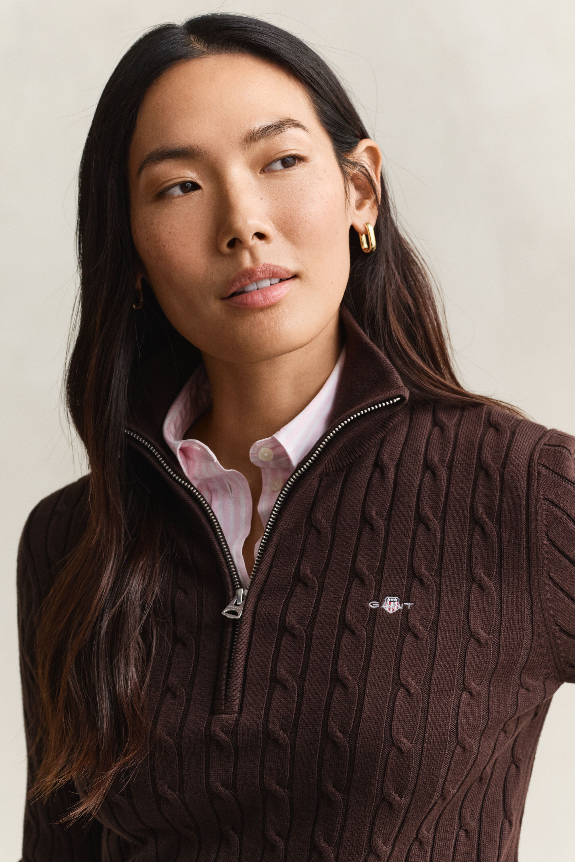 Maglia con zip corta in cotone elasticizzato a trecce