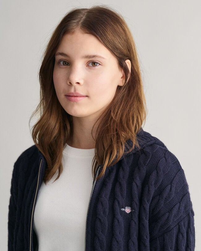 Felpa corta con cappuccio e zip in maglia a trecce Shield Teen Girls