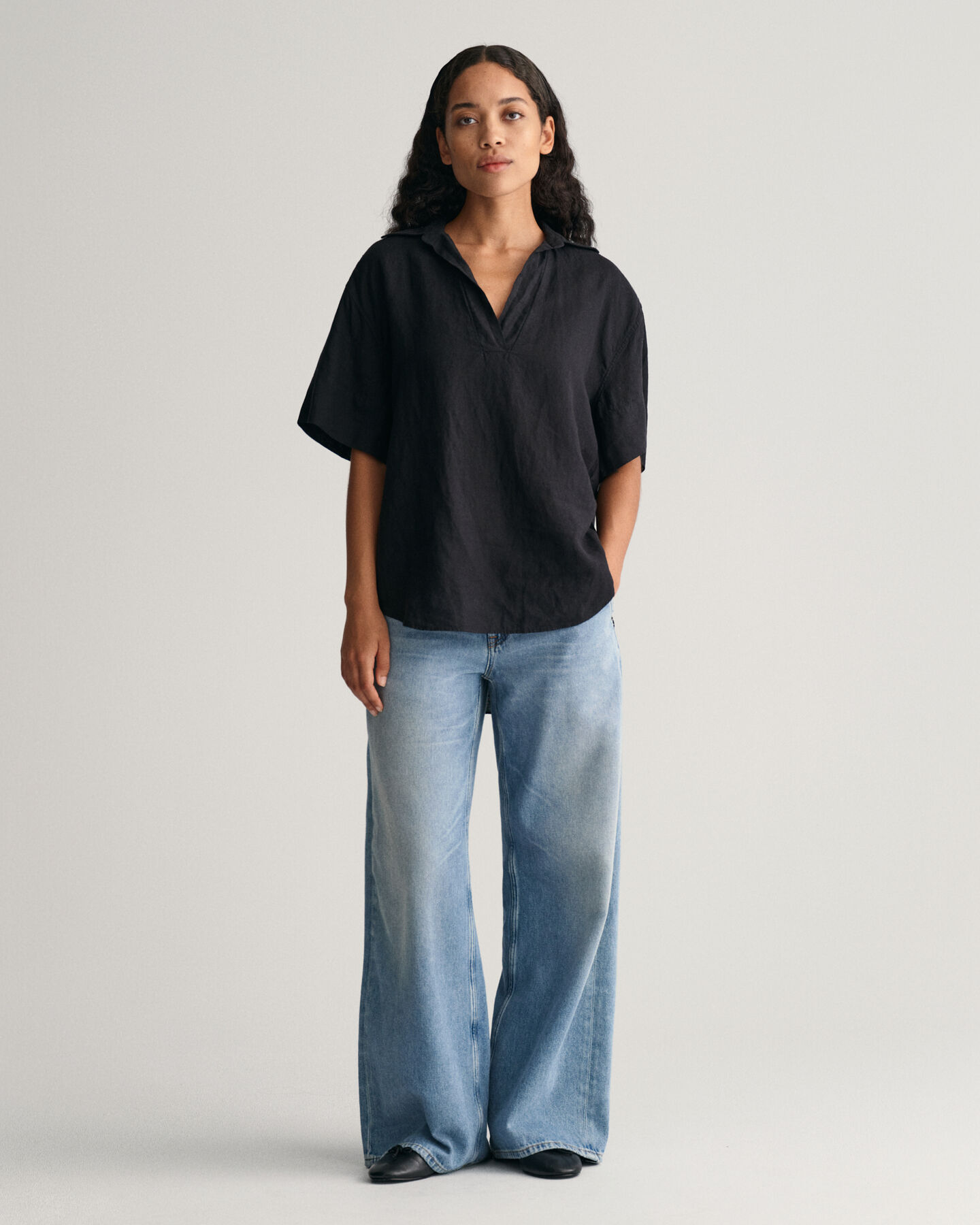 Camicia a maniche corte Popover di lino relaxed fit