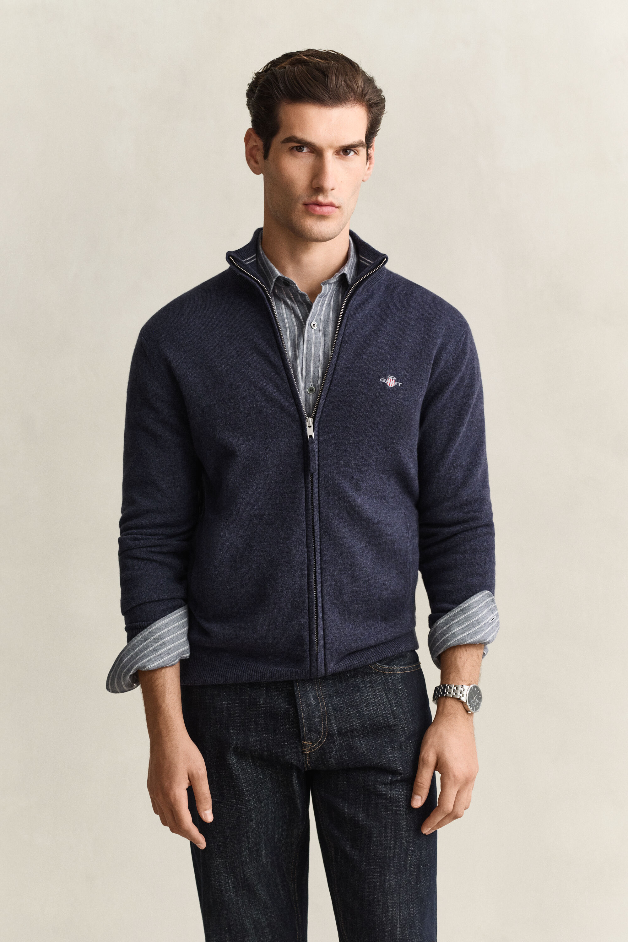 Cardigan con zip in lana d’agnello