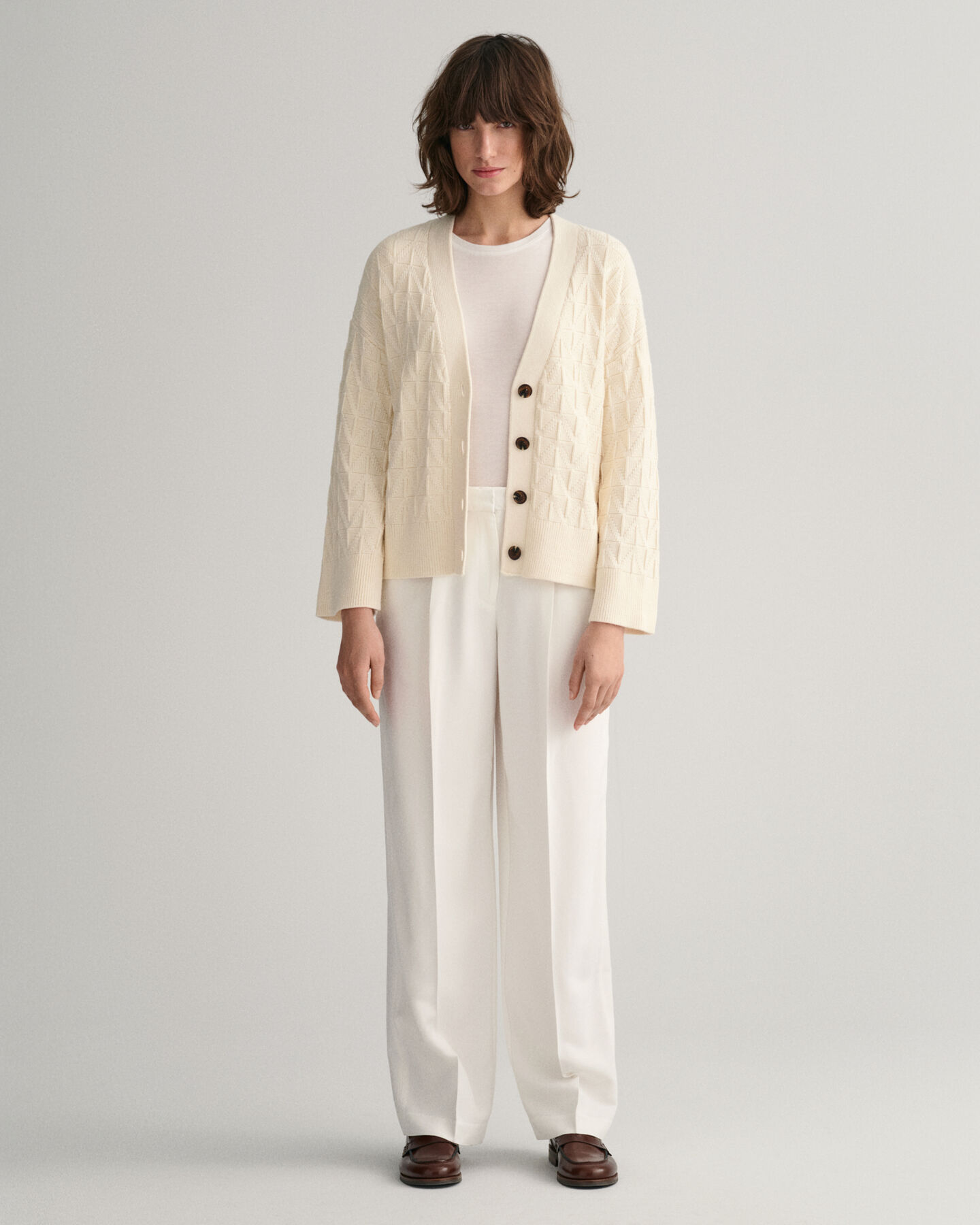 Cardigan con motivo a spina di pesce e scollo a V