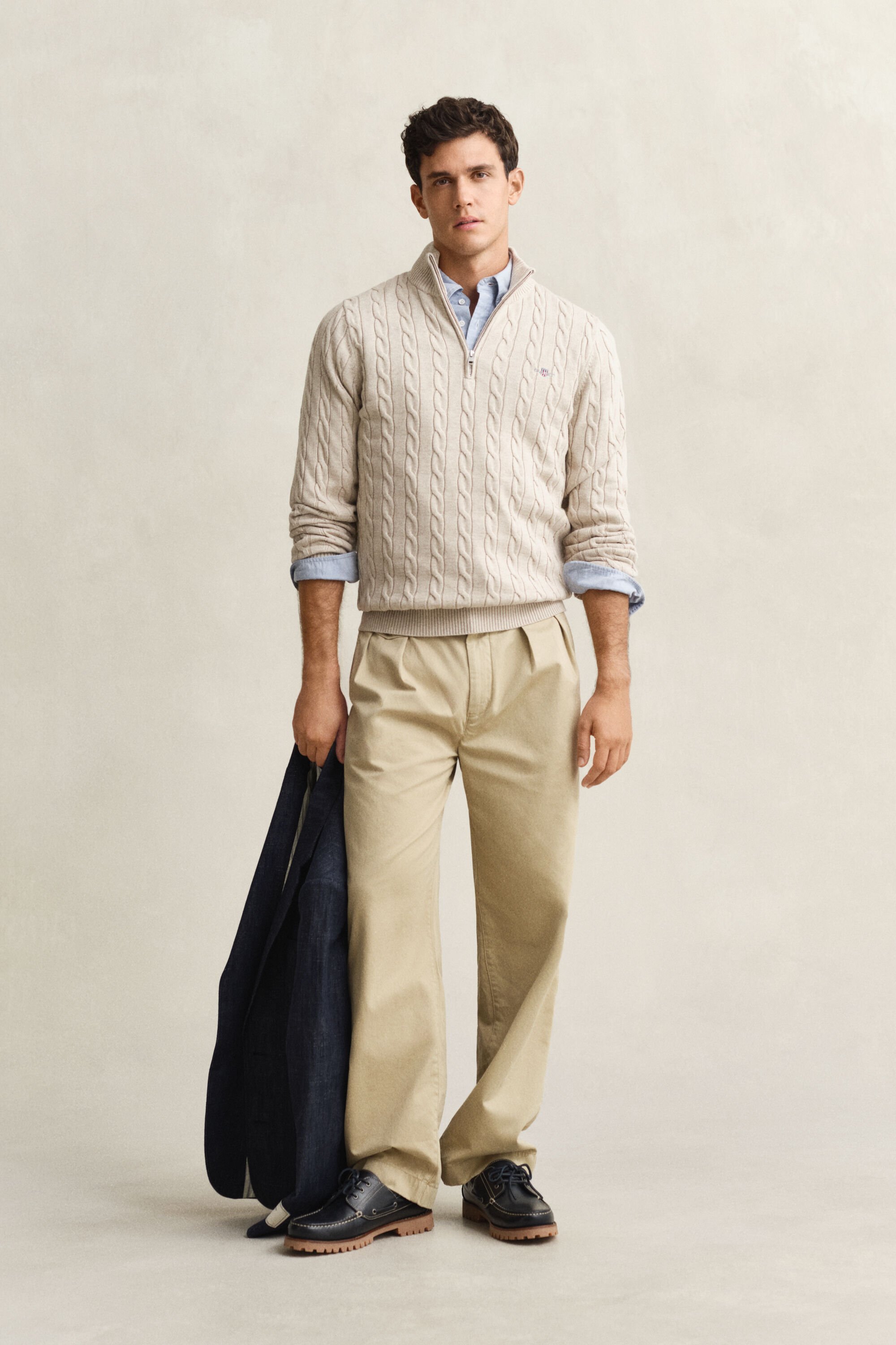 Maglia con zip corta in cotone a trecce