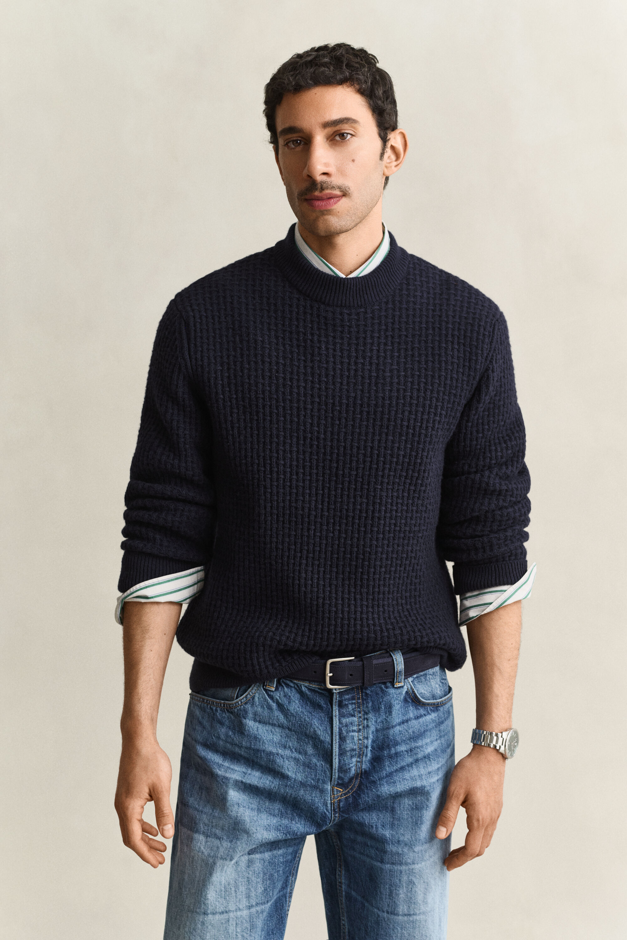Maglia in cotone e lana testurizzata con finto collo alto