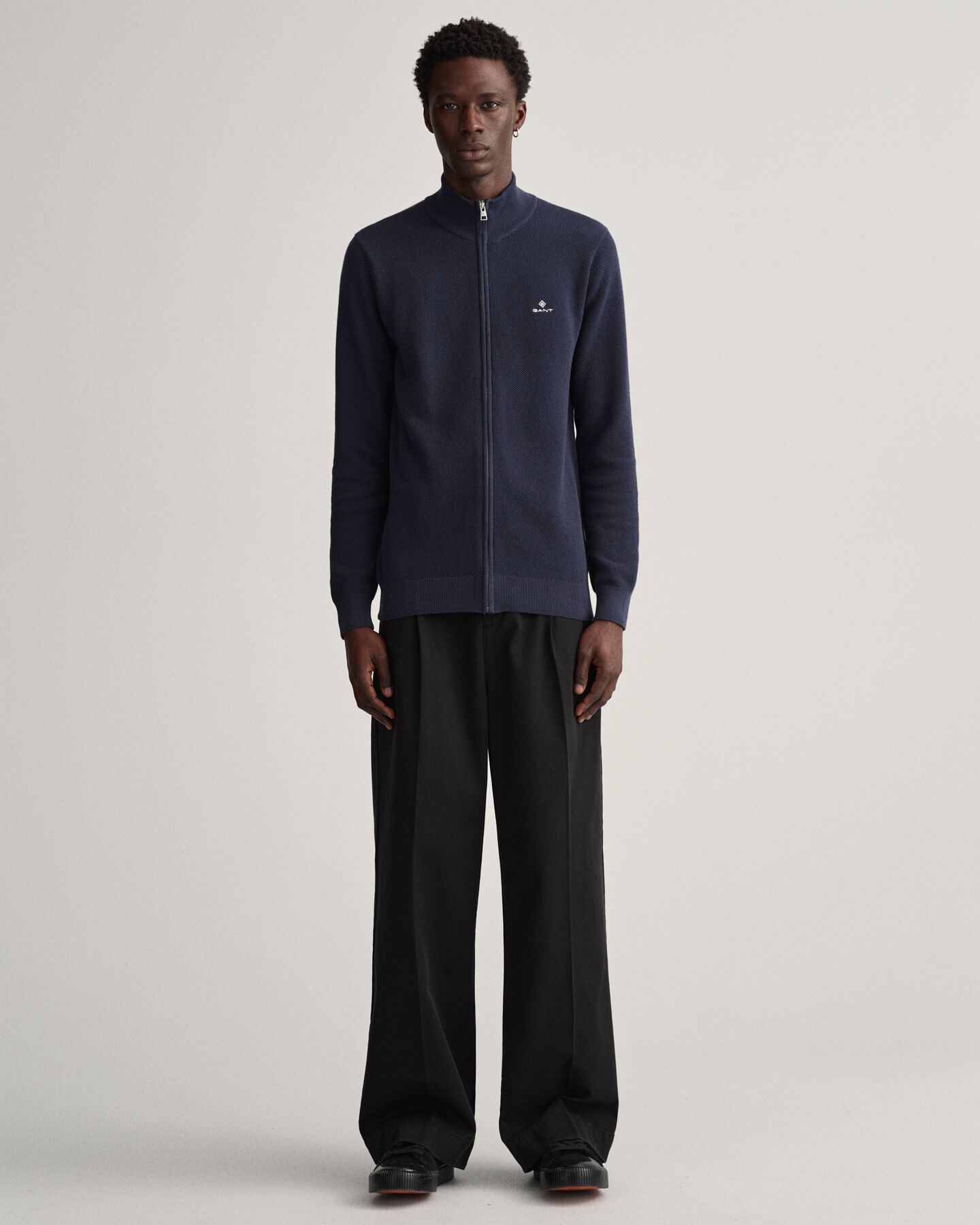 Cardigan in piqué di cotone con zip corta