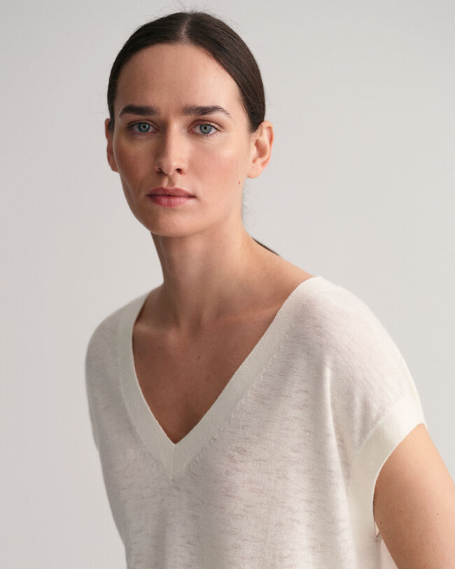 Smanicato con scollo a V in misto lino