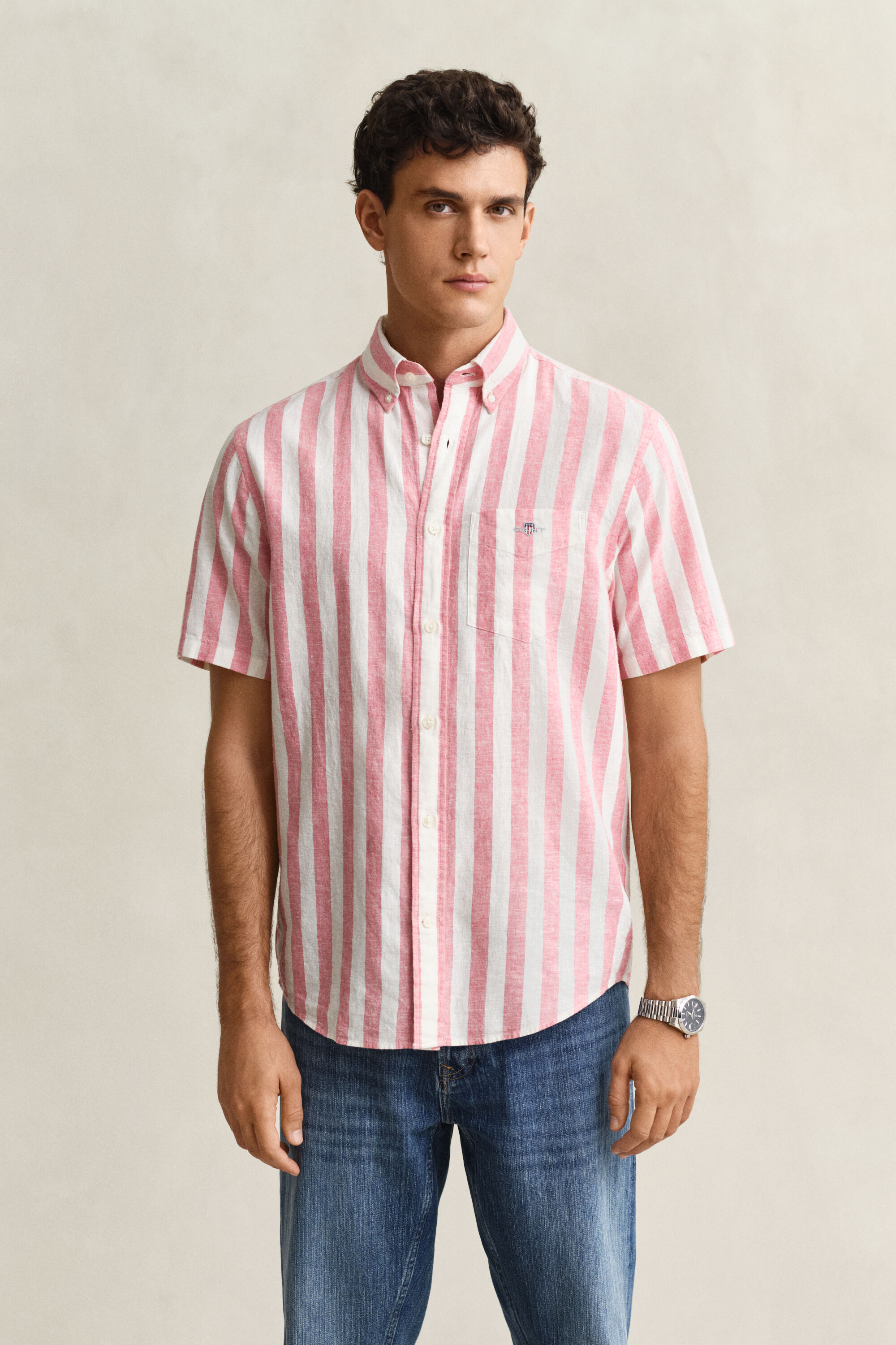 Camicia a maniche corte a righe in misto lino