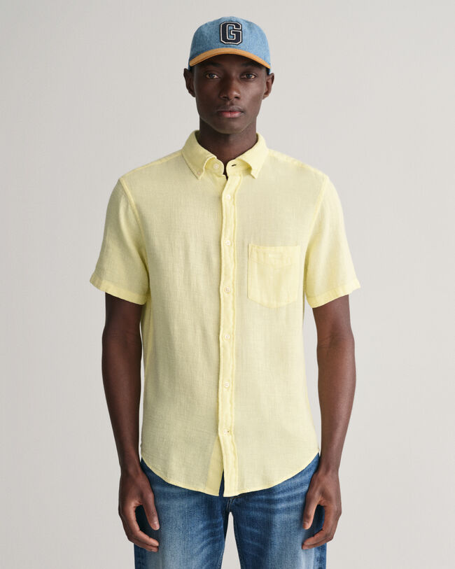 Camicia a maniche corte in misto cotone-lino testurizzato regular fit