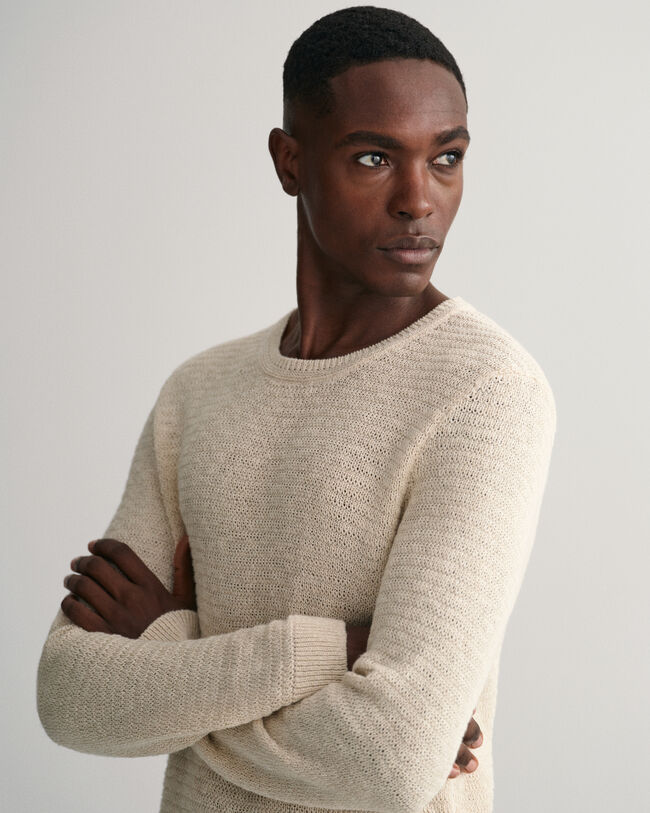 Maglia girocollo testurizzata in misto cotone-lino