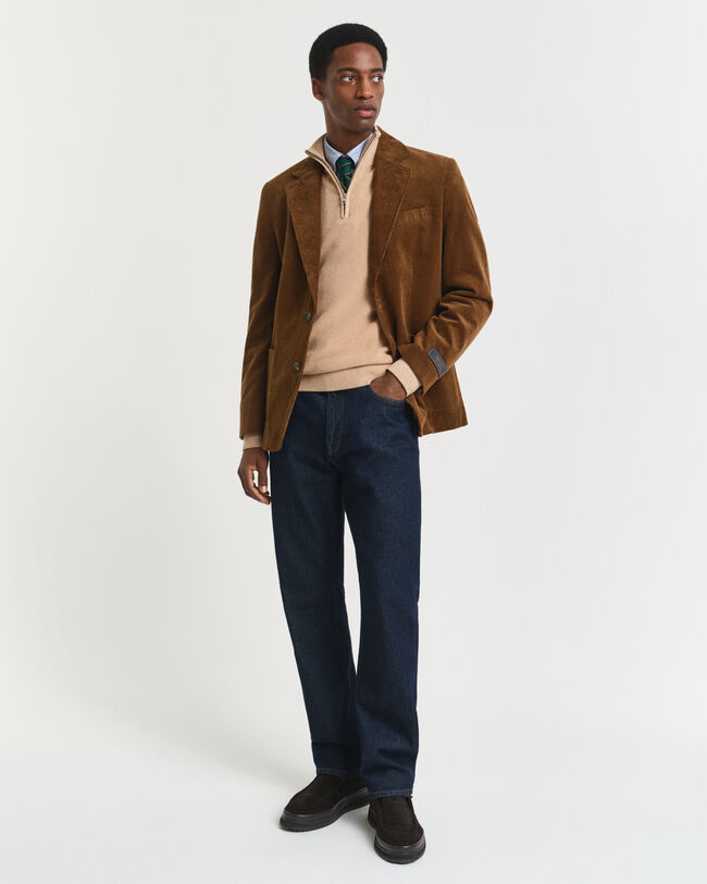 Maglia con zip corta in cotone e lana merino a coste