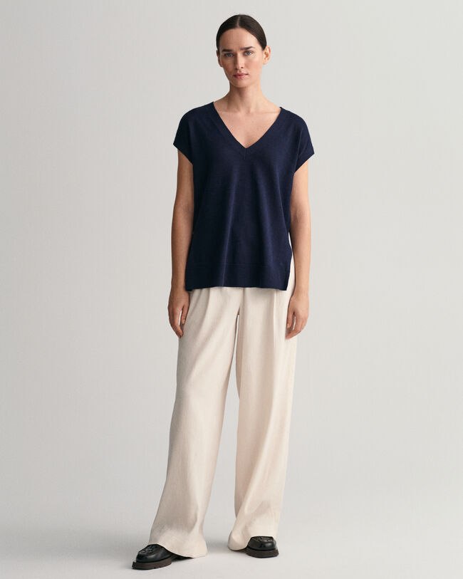 Smanicato con scollo a V in misto lino