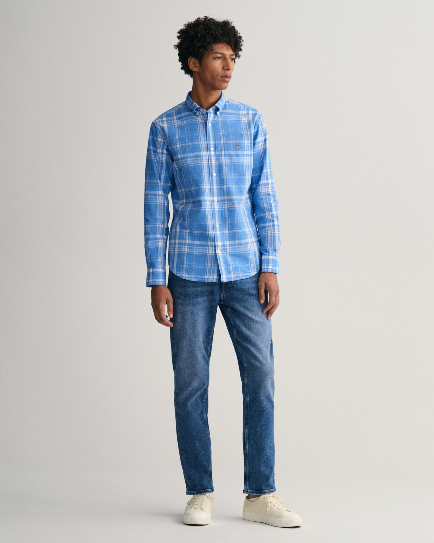 Camicia in misto lino-cotone a quadri regular fit