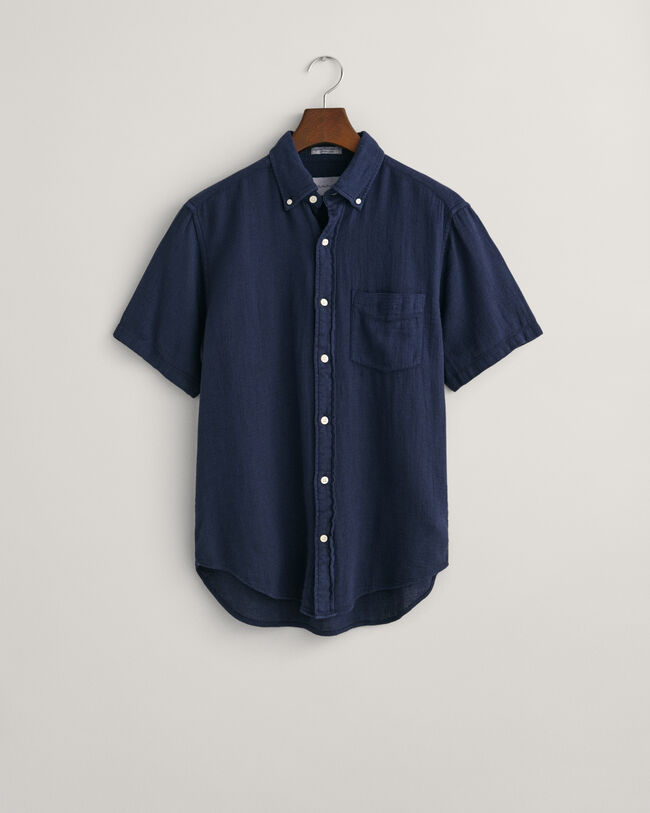 Camicia a maniche corte in misto cotone-lino testurizzato regular fit