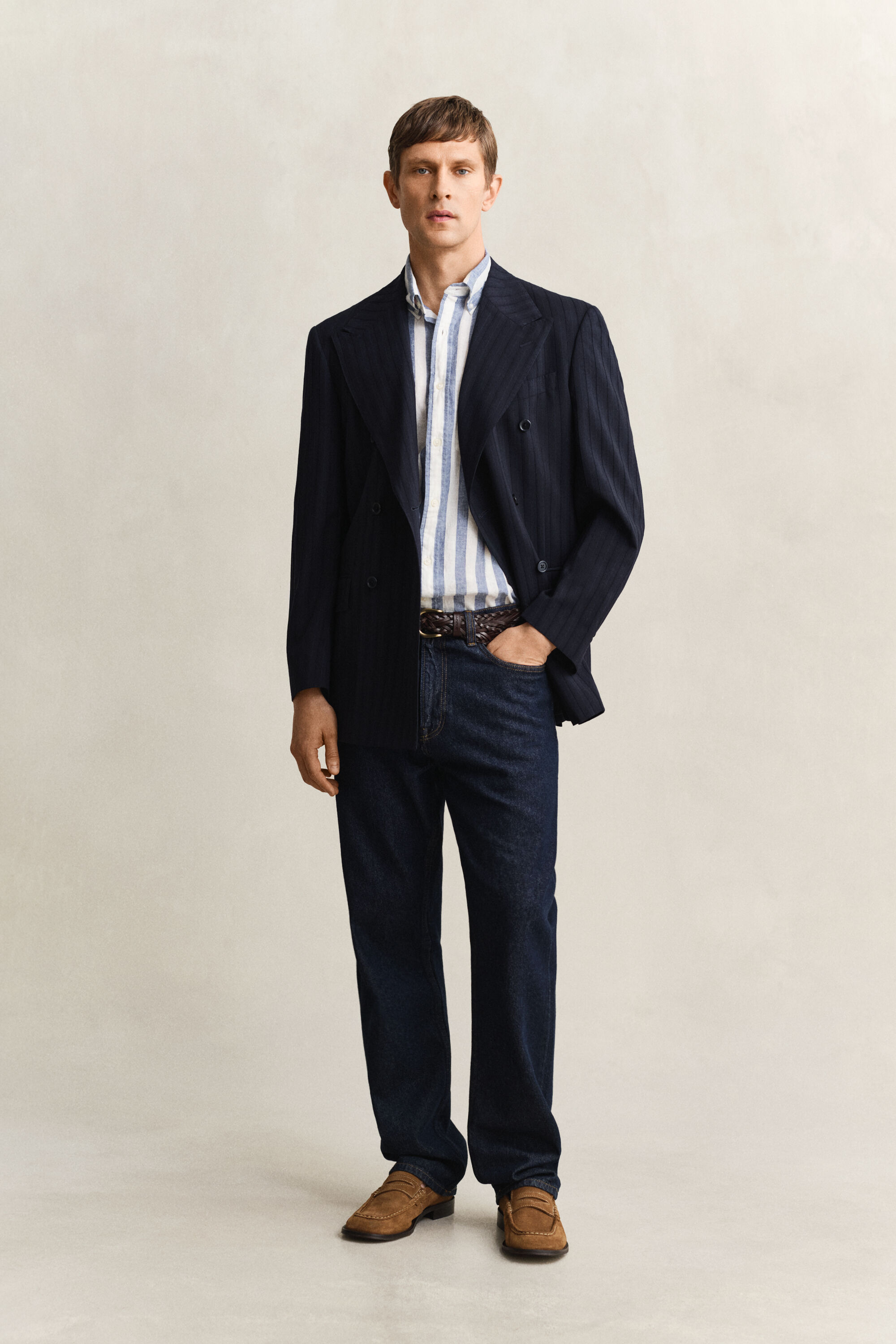 Camicia a maniche corte a righe in misto lino