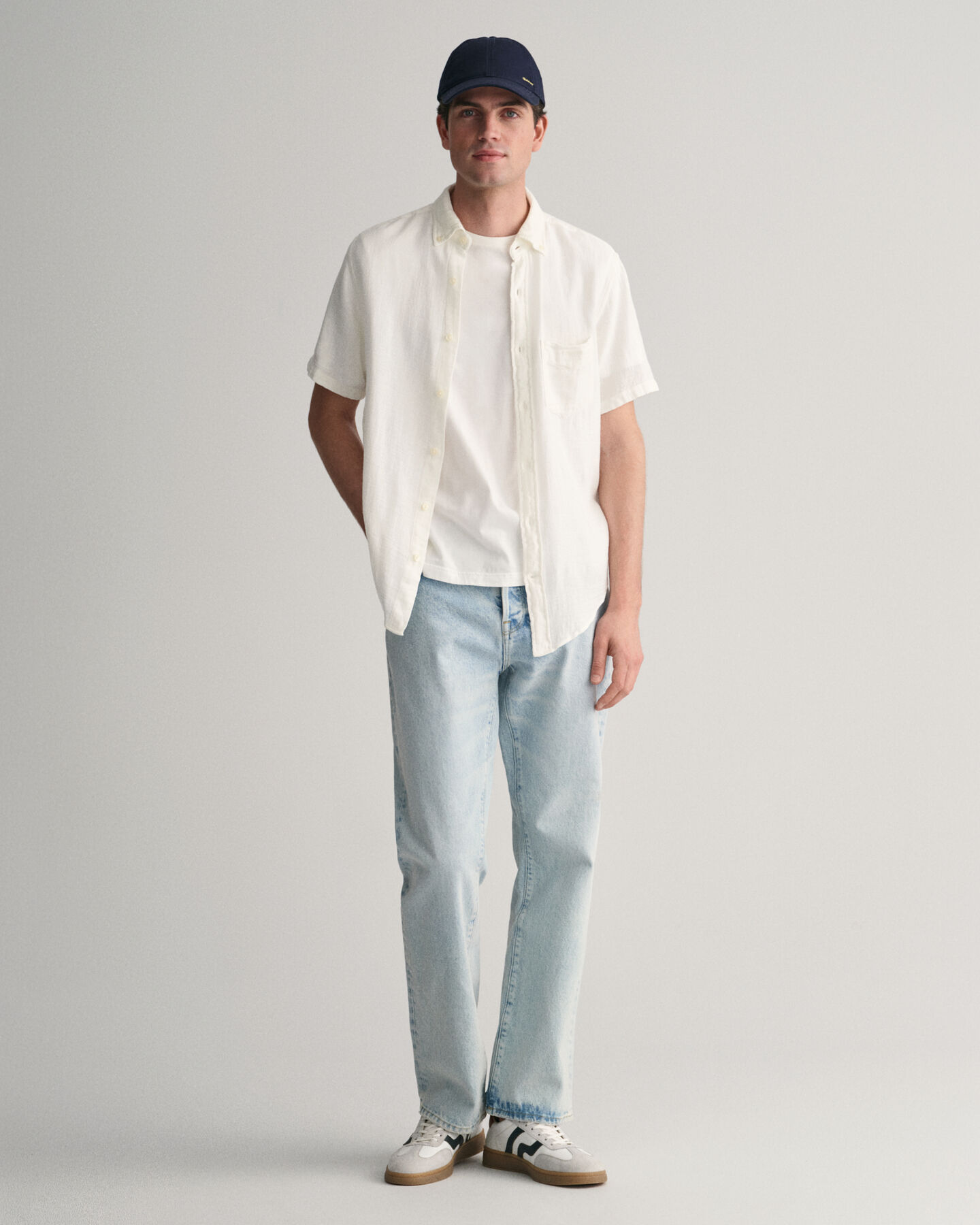 Camicia a maniche corte in misto cotone-lino testurizzato regular fit