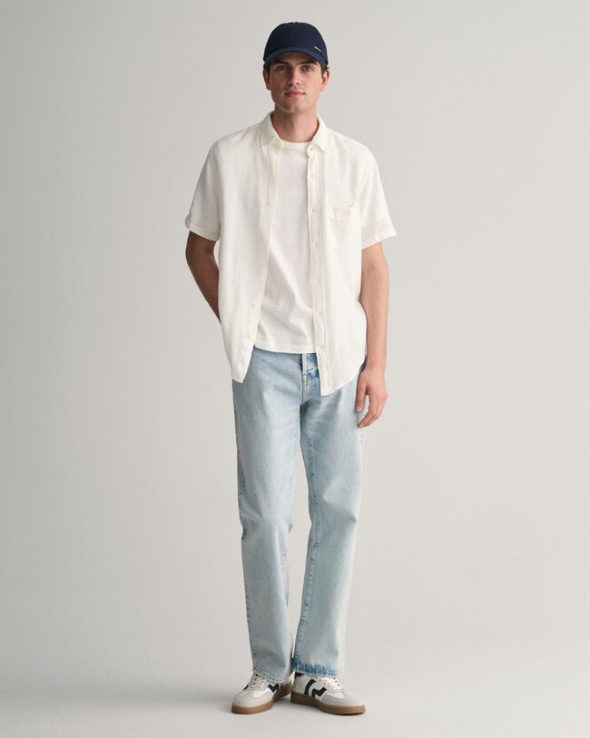 Camicia a maniche corte in misto cotone-lino testurizzato regular fit