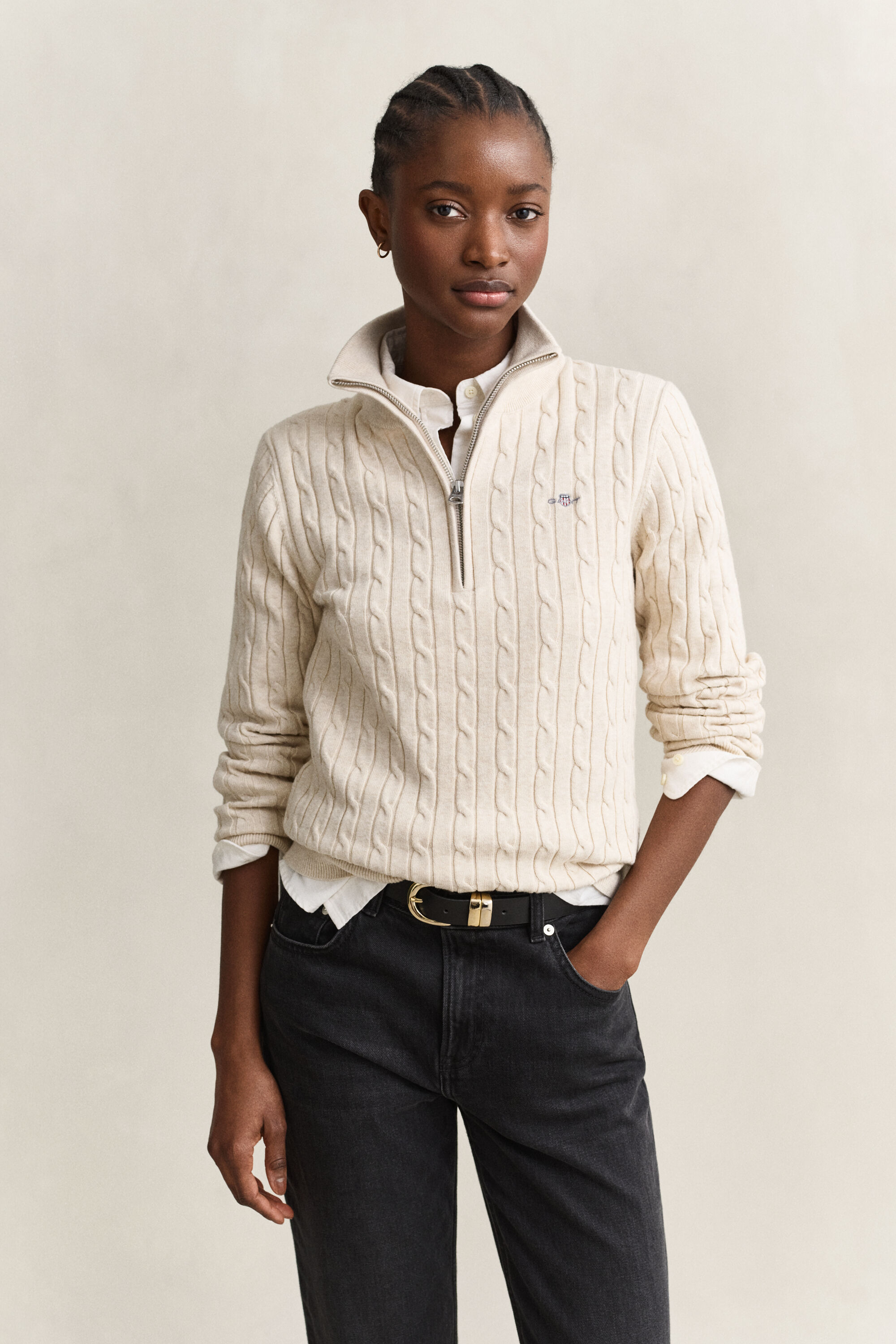 Maglia con zip corta in cotone elasticizzato a trecce