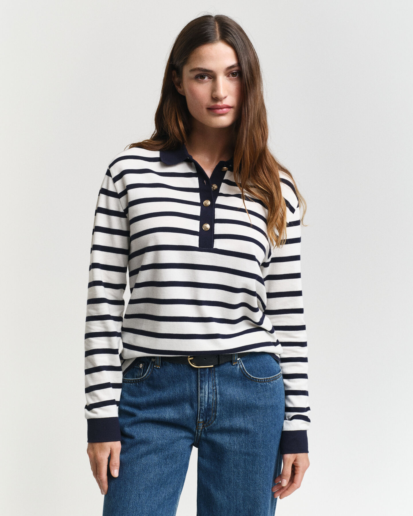 Polo in piqué a righe Breton a maniche lunghe