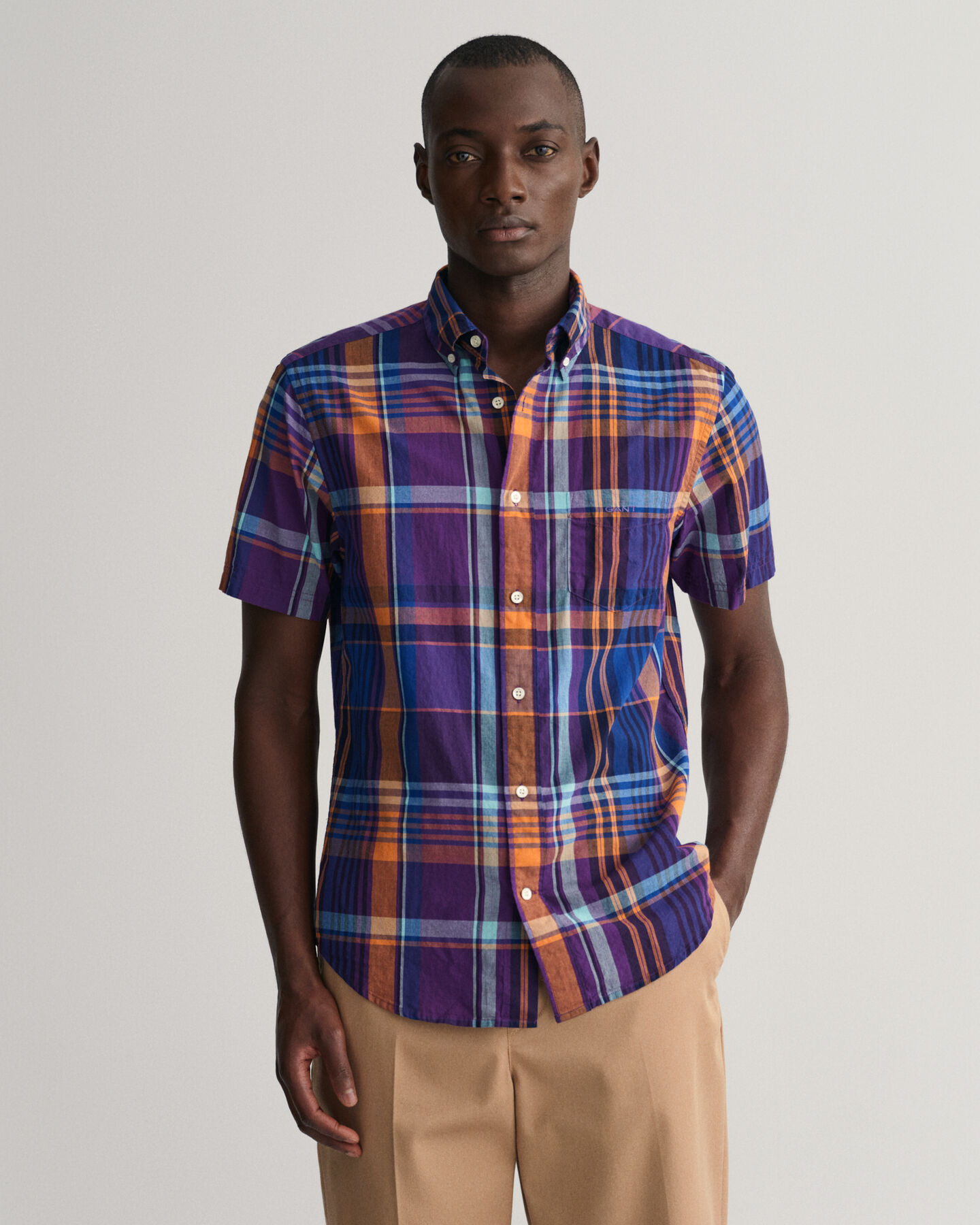 Camicia di lino colorata madras a maniche corte regular fit