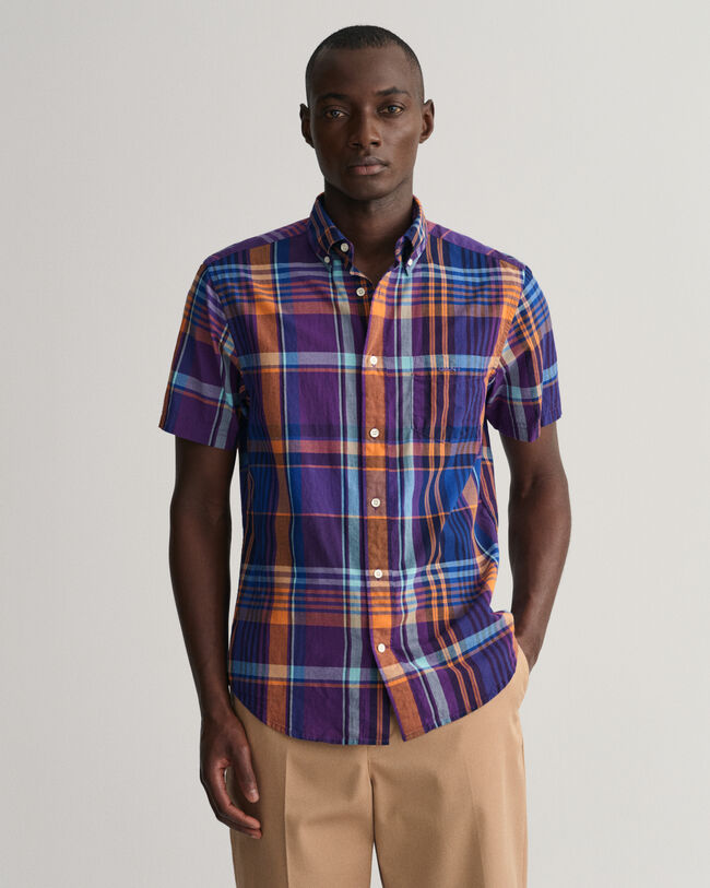 Camicia di lino colorata madras a maniche corte regular fit