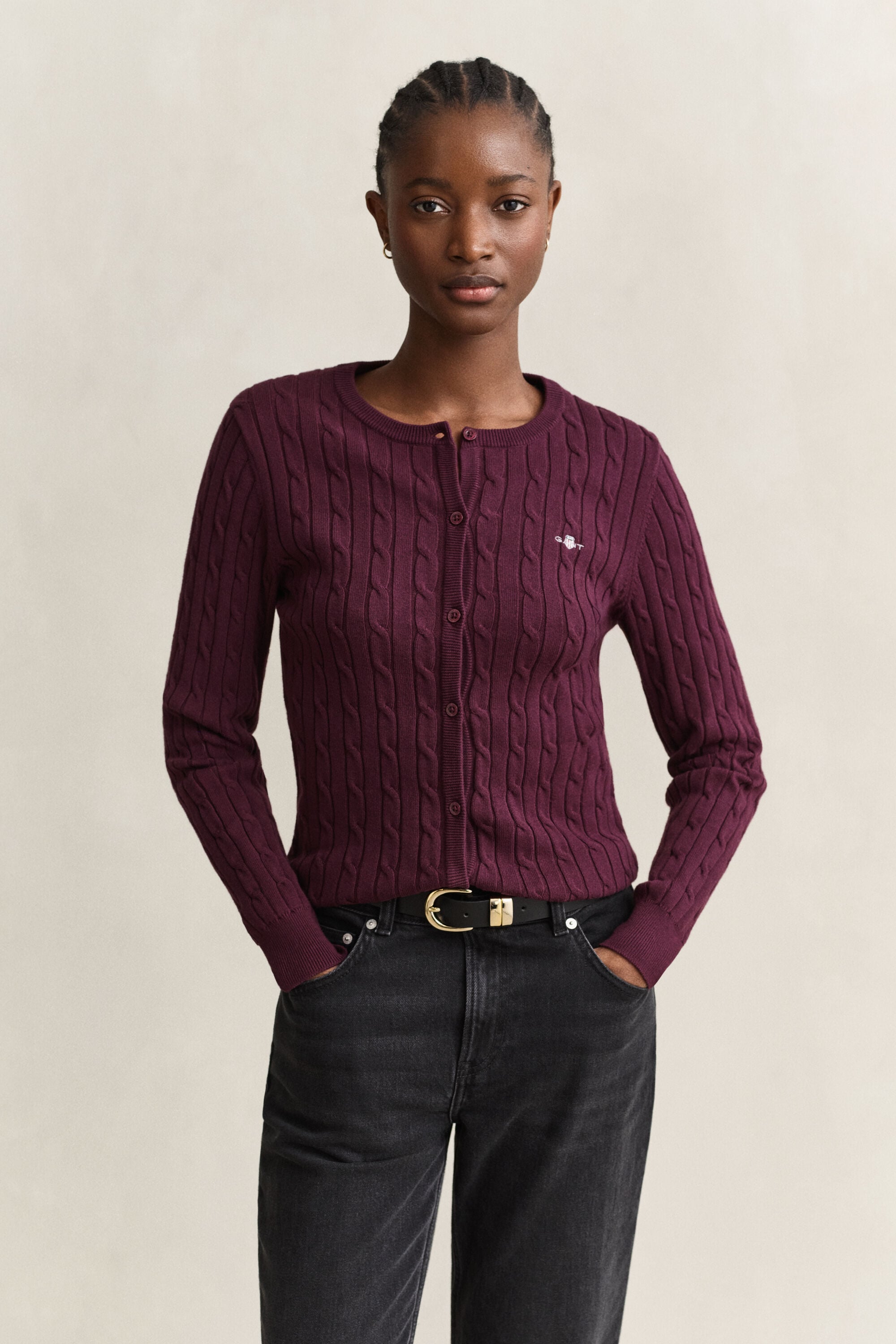 Cardigan in maglia di cotone elasticizzato a trecce
