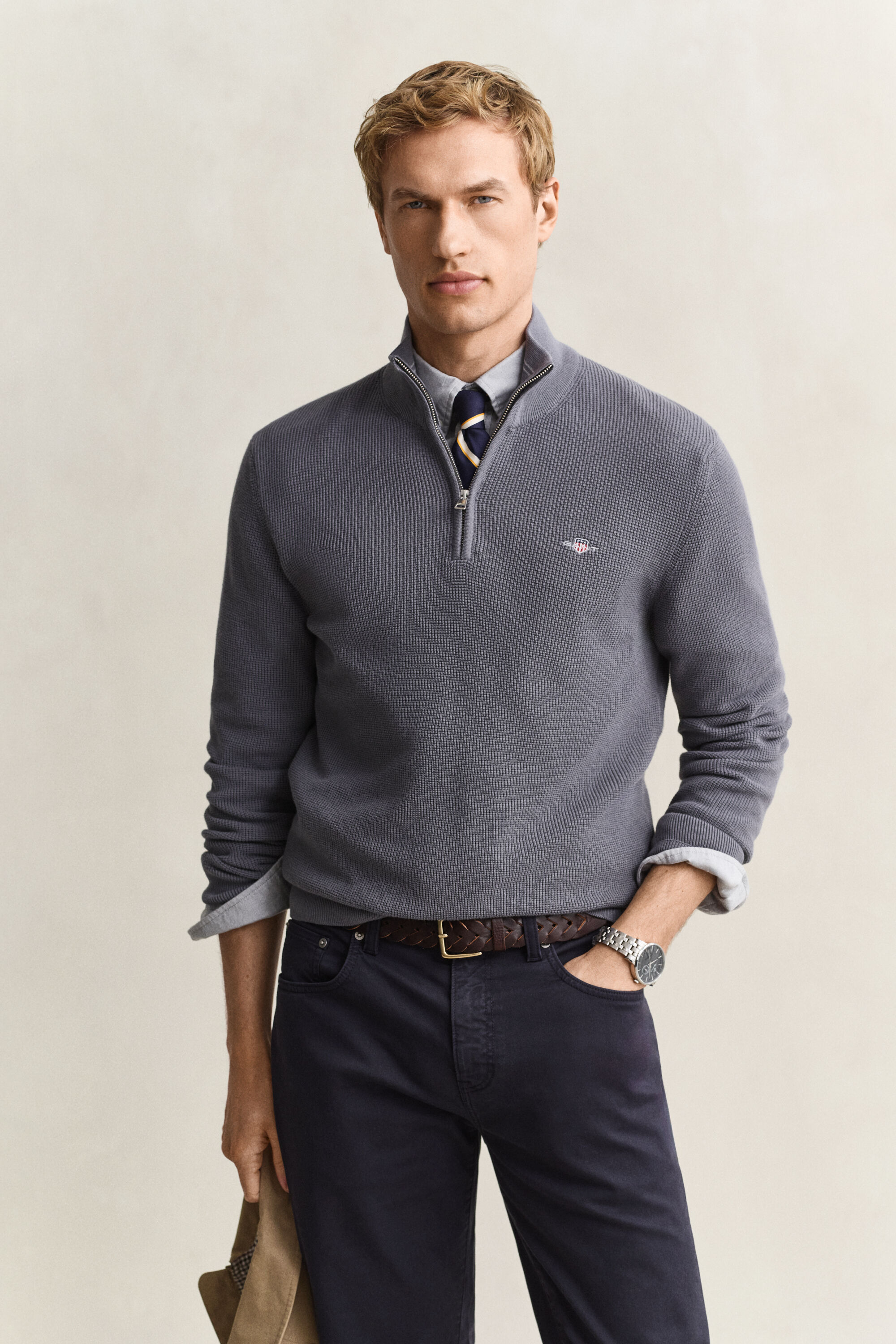 Maglia in cotone testurizzato con zip corta
