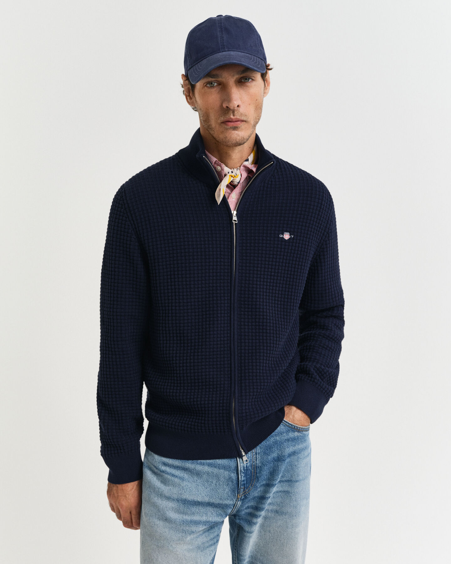 Cardigan con zip in cotone testurizzato