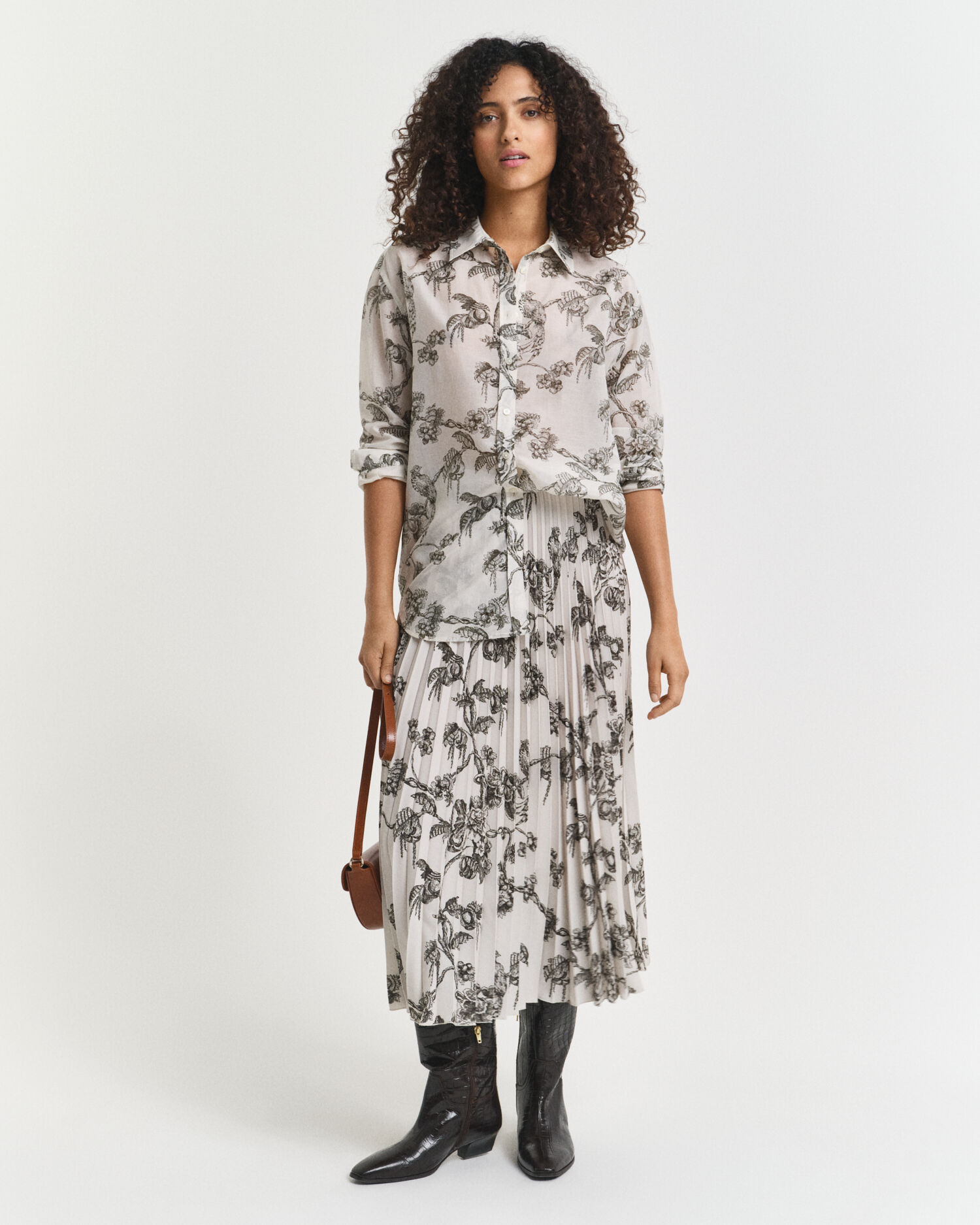 Gonna midi plissettata con stampa di albero