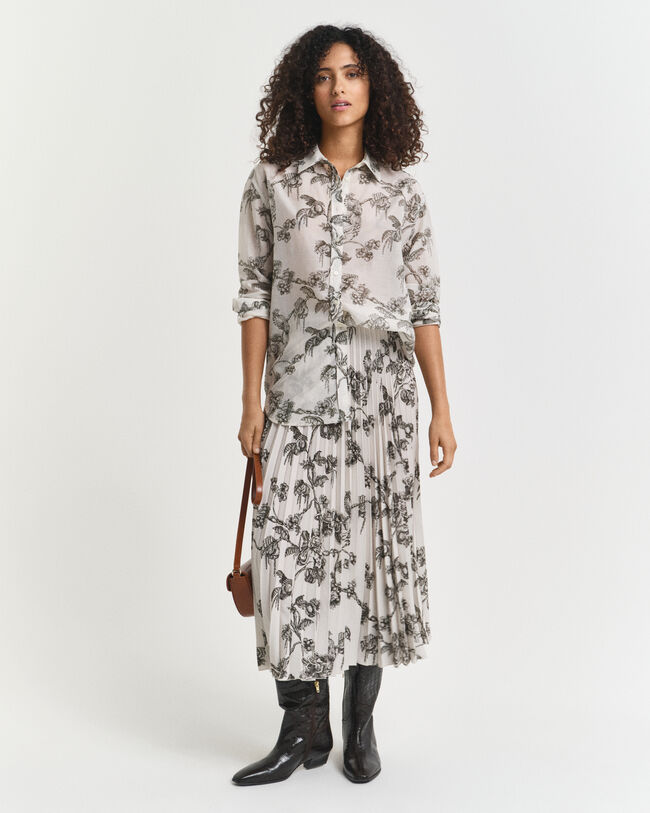 Gonna midi plissettata con stampa di albero