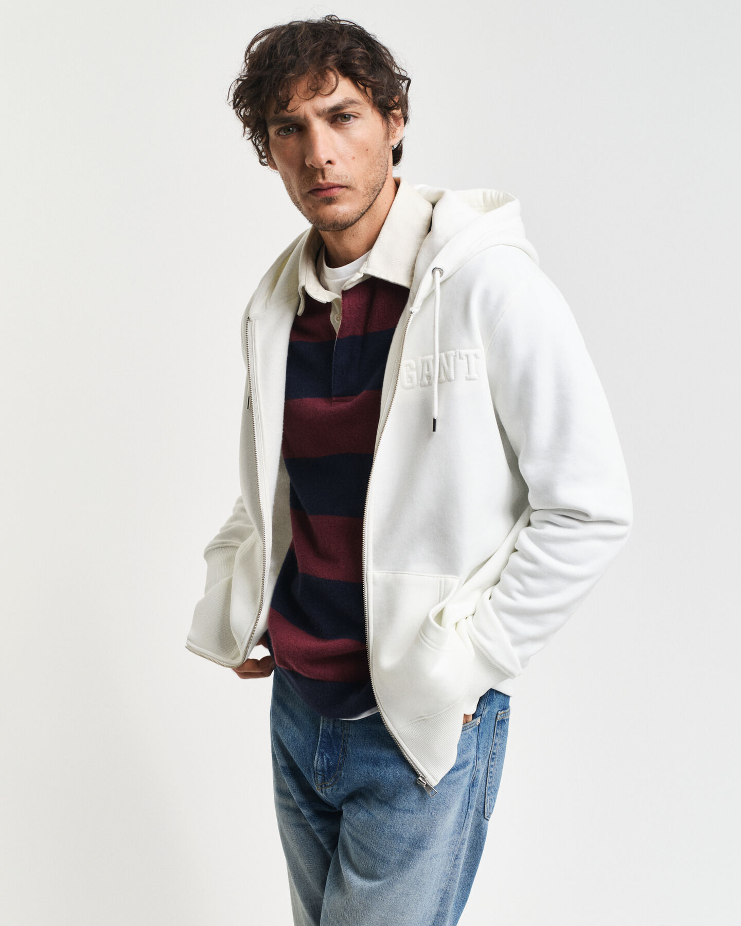 Felpa impressa con cappuccio e zip