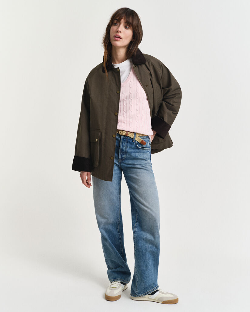 Maglia con scollo a V in cotone elasticizzato a trecce