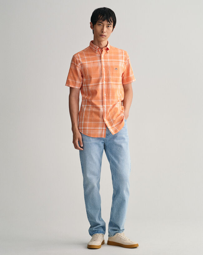 Camicia a maniche corte in misto cotone-lino a quadri regular fit