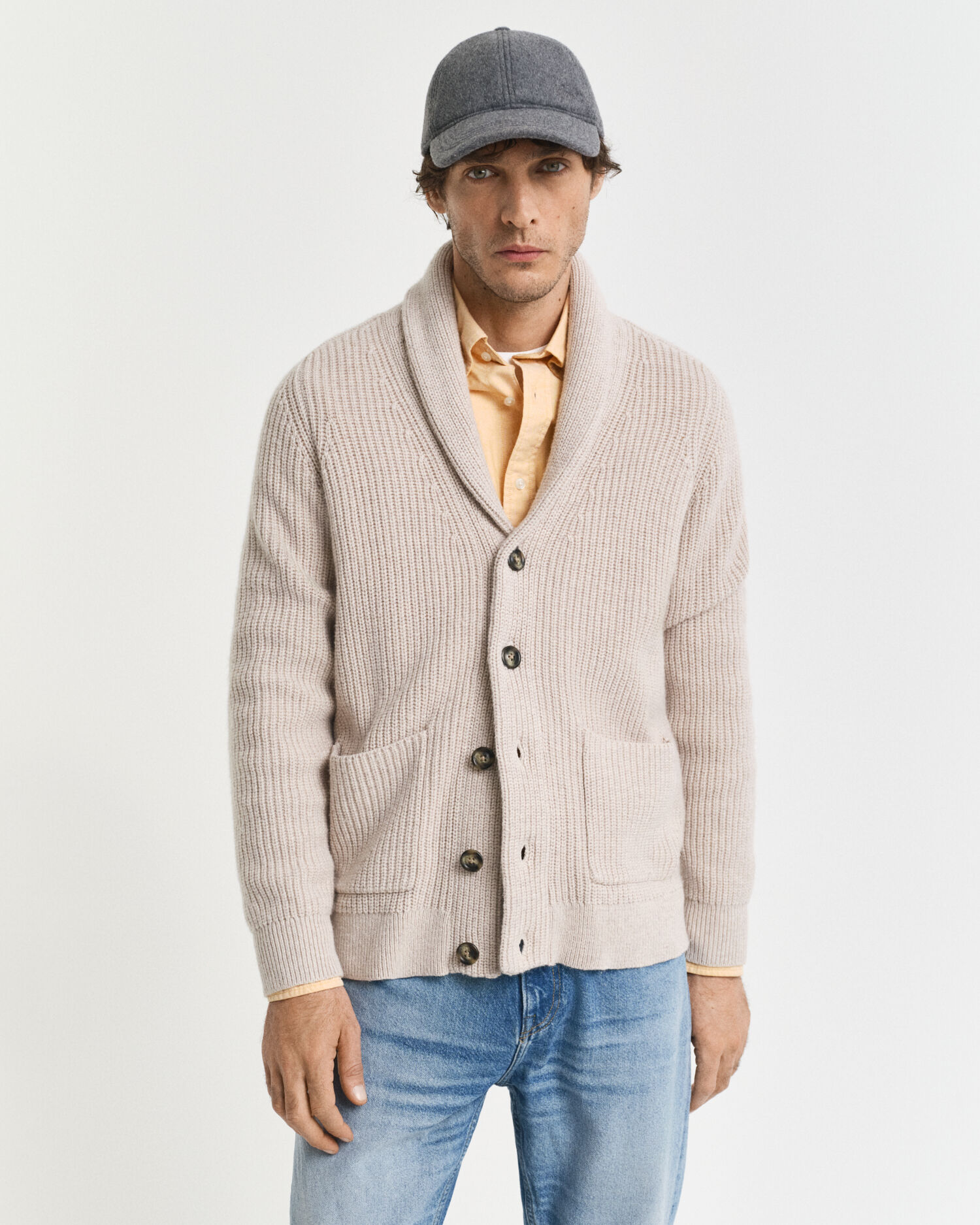 Cardigan con collo sciallato in misto lana
