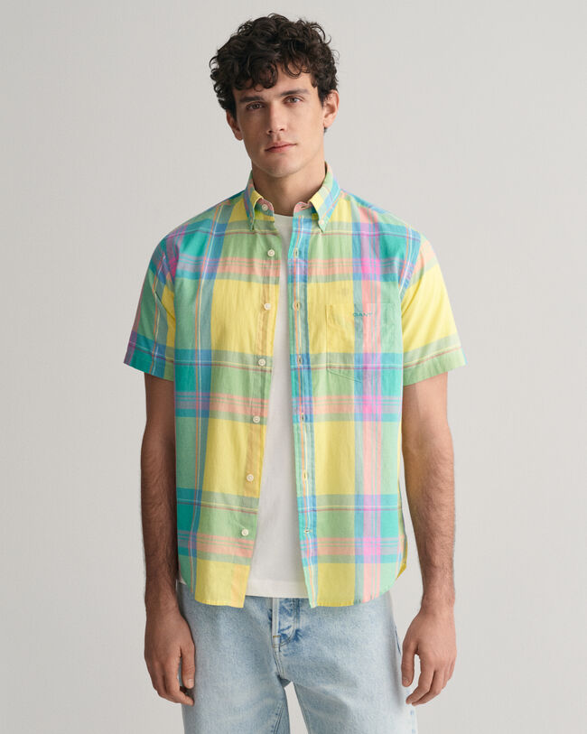 Camicia di lino colorata madras a maniche corte regular fit