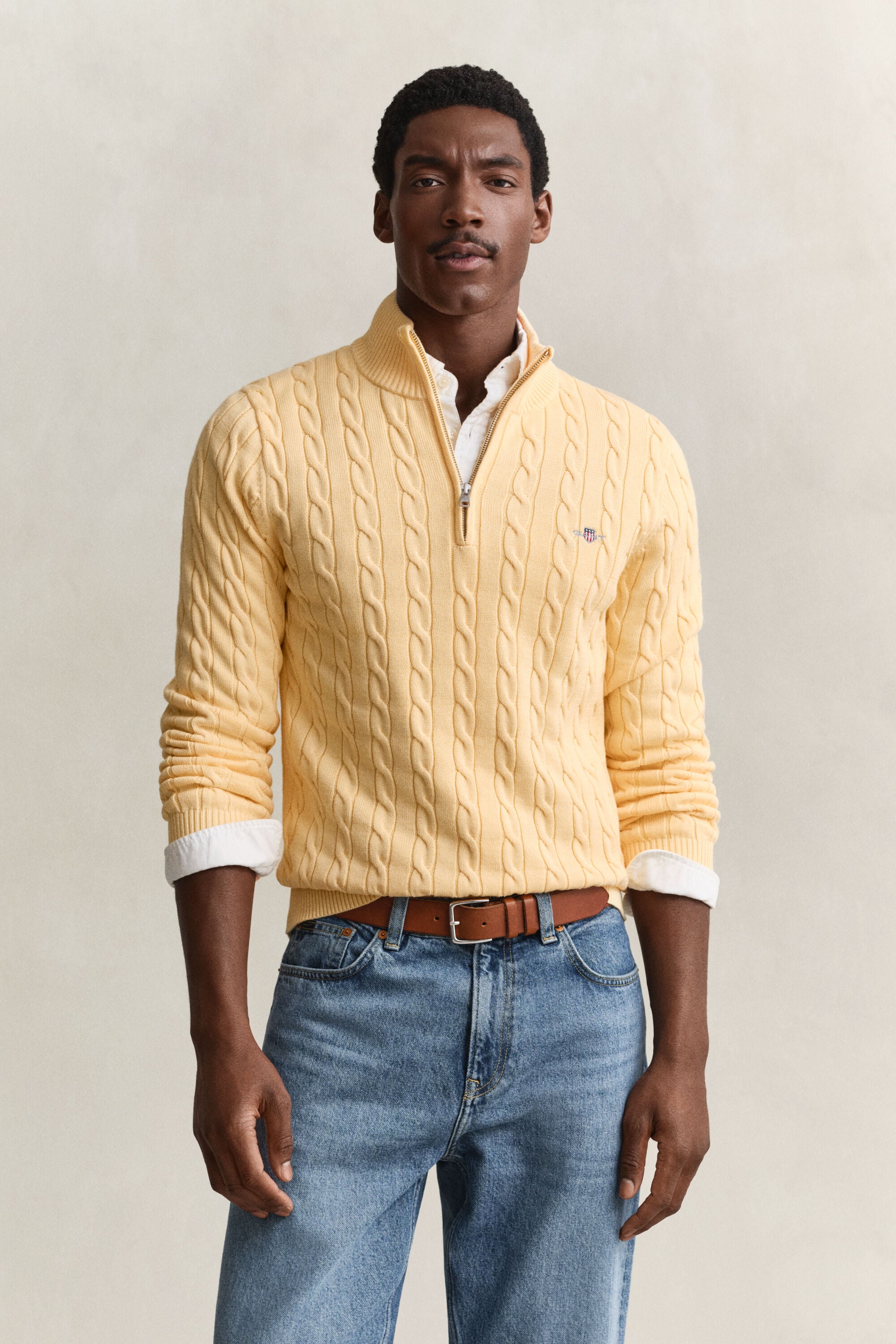 Maglia con zip corta in cotone a trecce