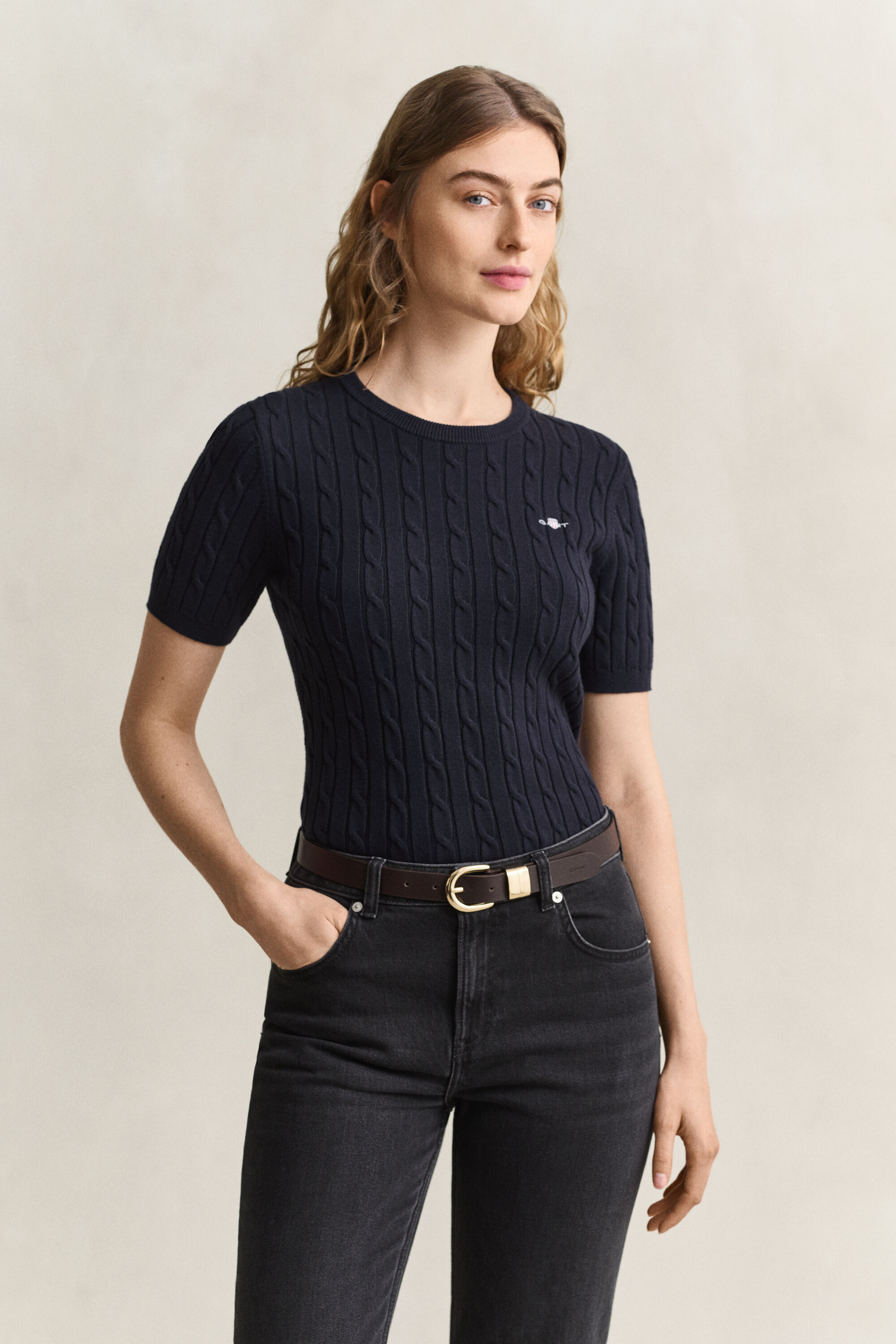 Maglia a trecce maniche corte in cotone elasticizzato