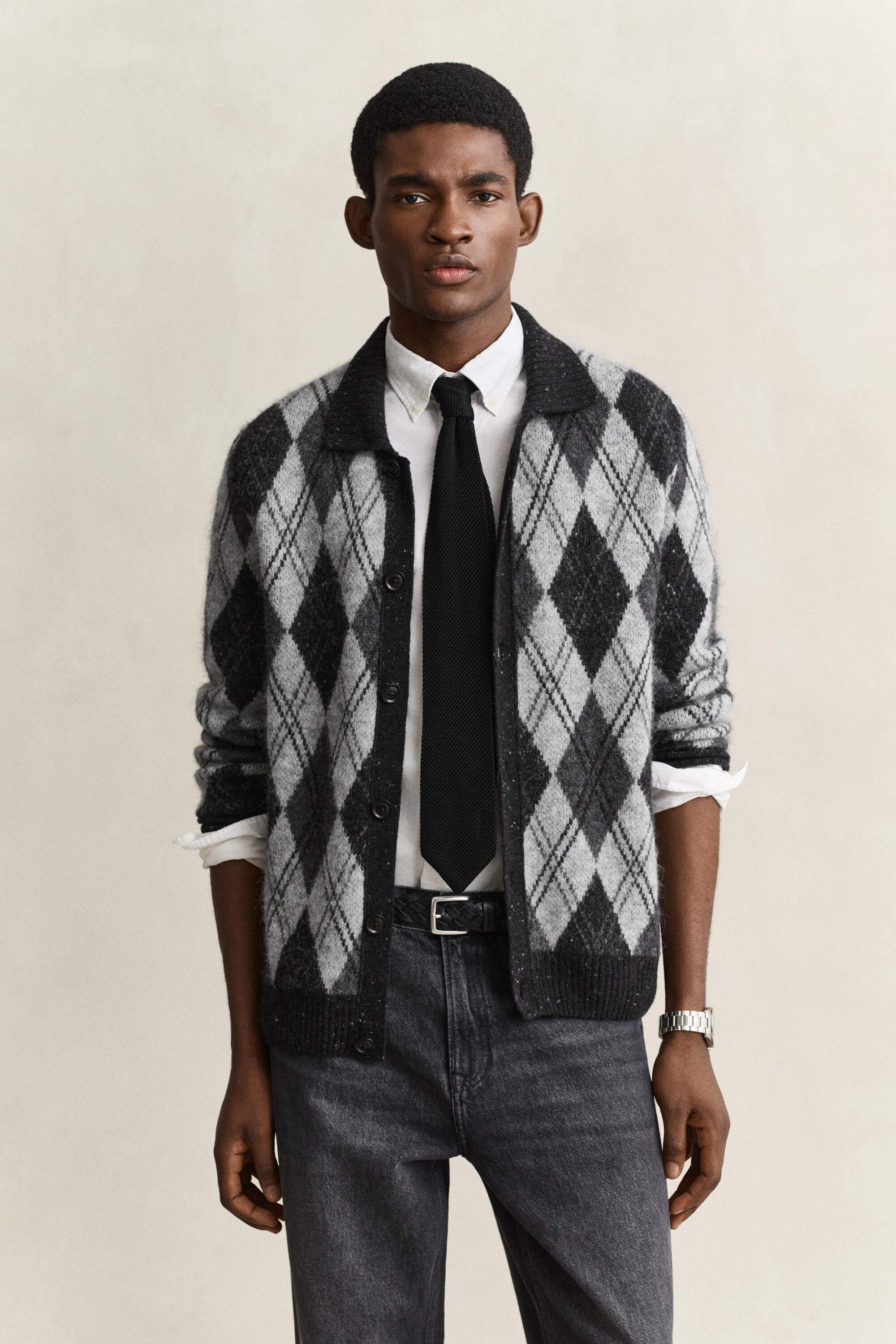 Cardigan stile polo a rombi in misto lana d'alpaca