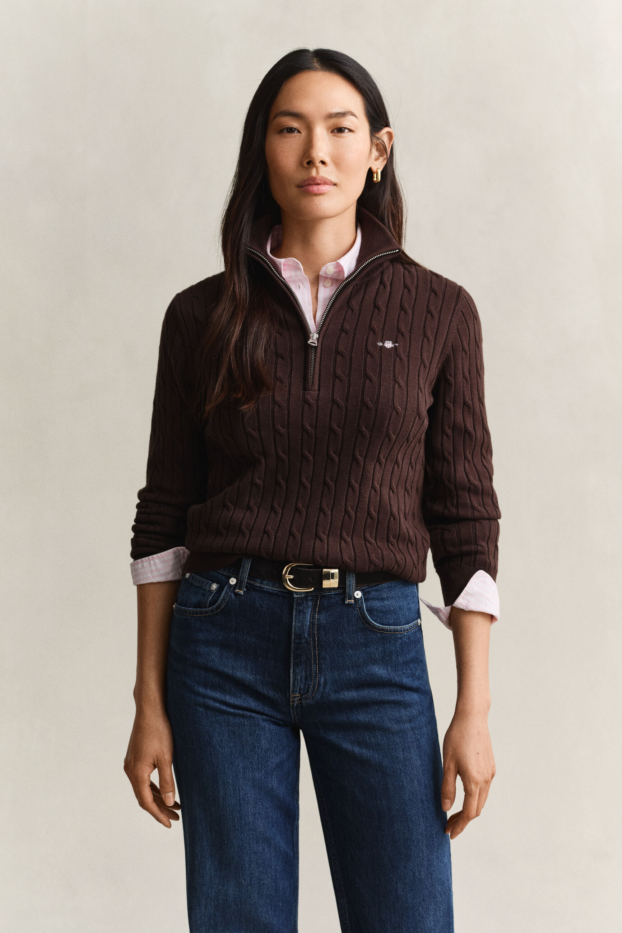 Maglia con zip corta in cotone elasticizzato a trecce