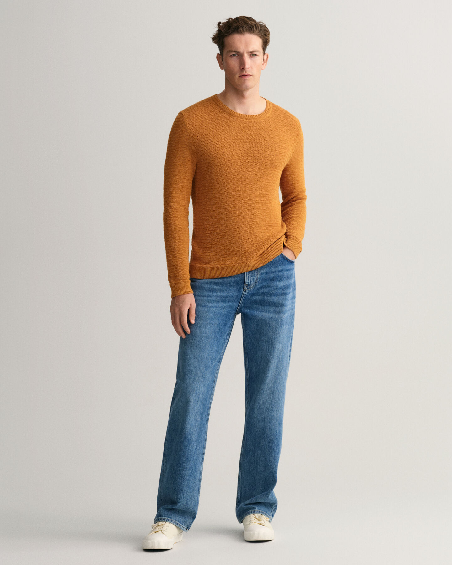 Maglia girocollo testurizzata in misto cotone-lino