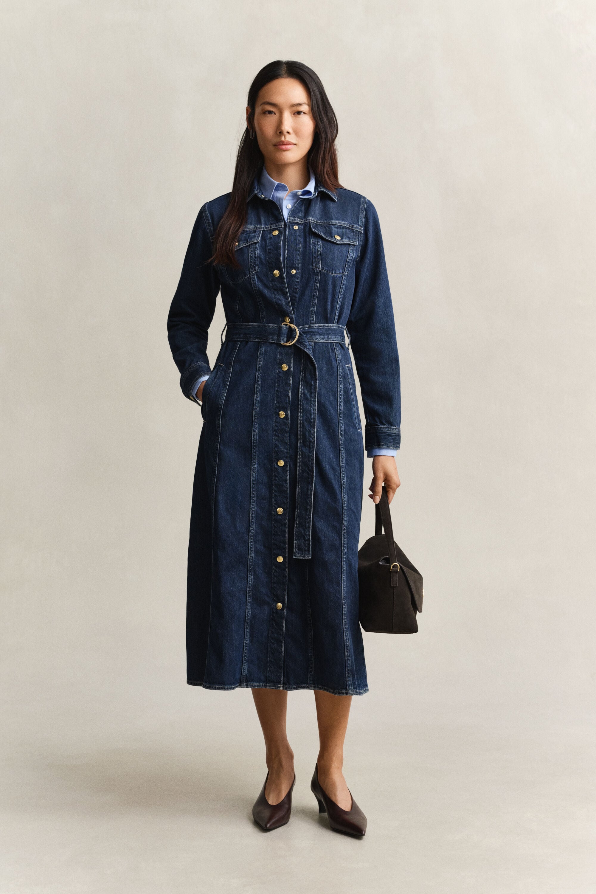 Abito midi in denim con cintura