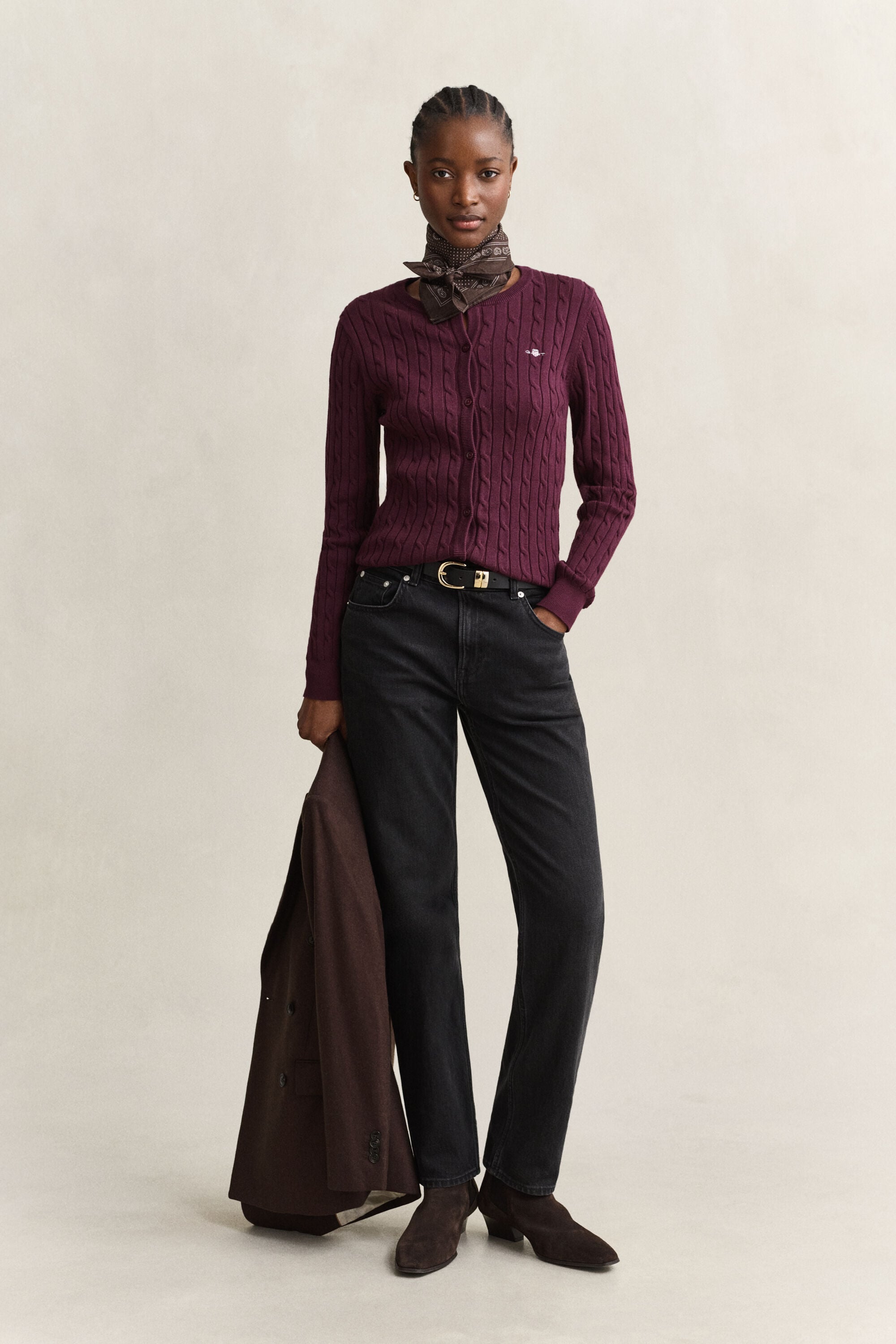 Cardigan in maglia di cotone elasticizzato a trecce