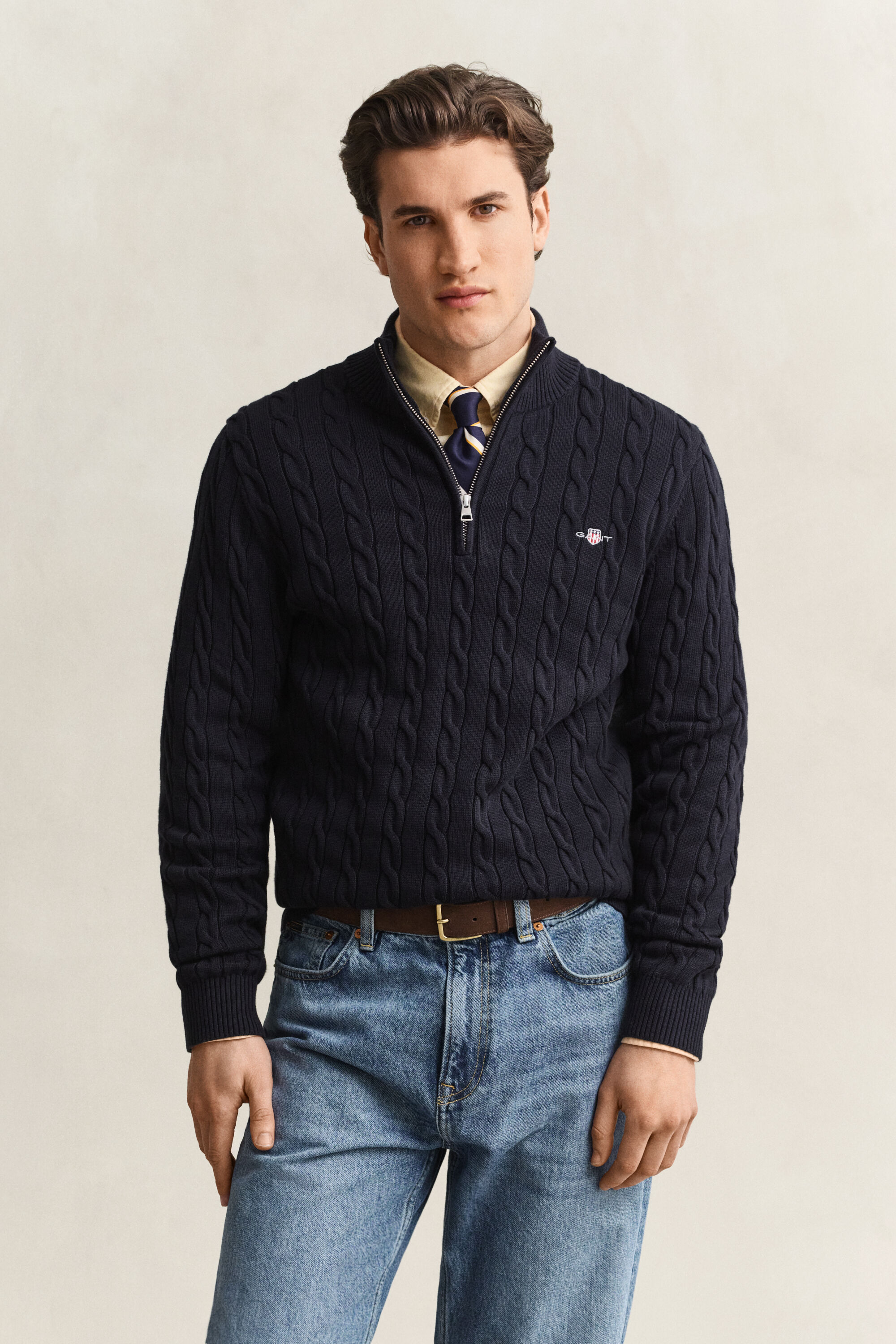 Maglia con zip corta in cotone a trecce