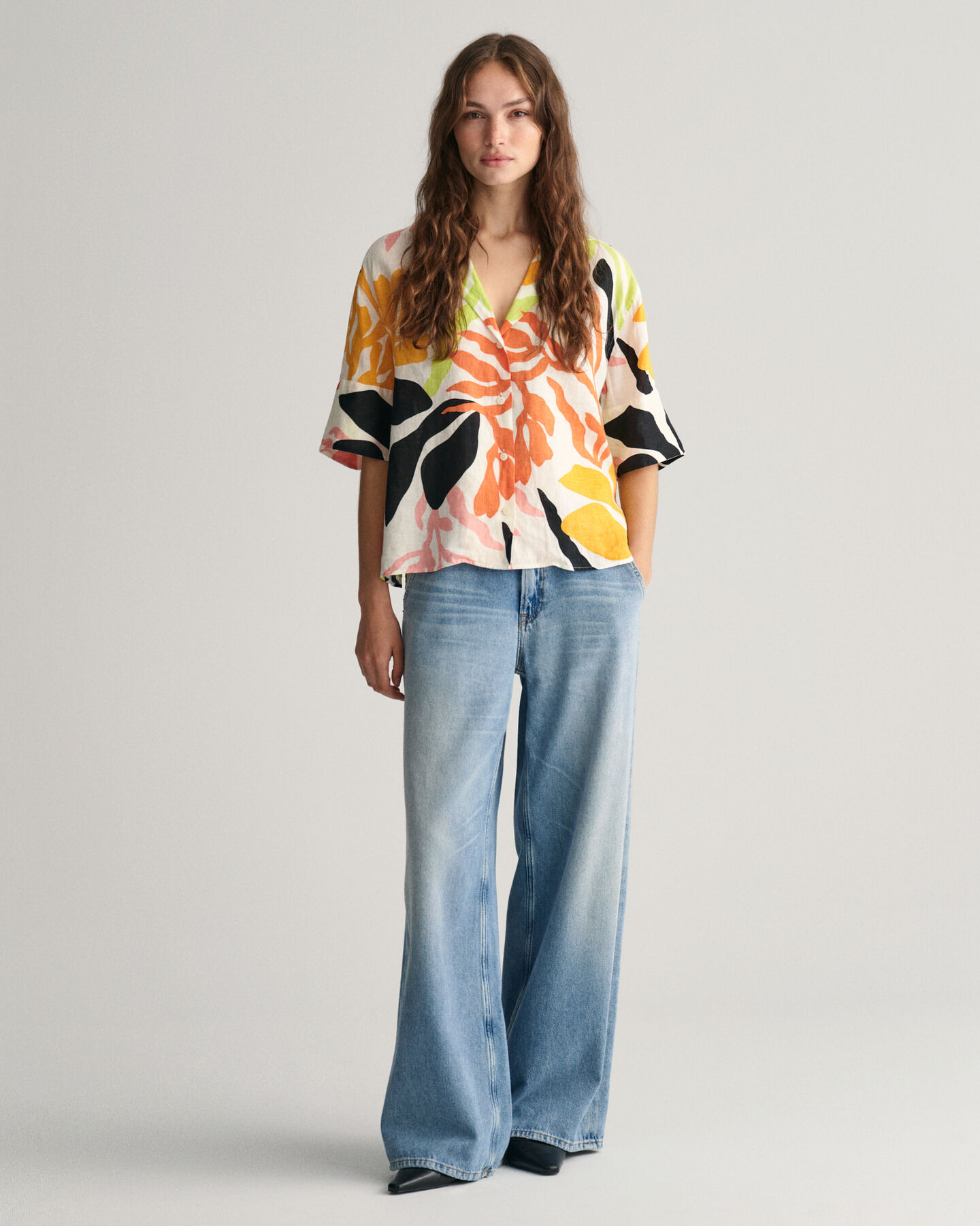 Camicia a maniche corte in lino Palm Print relaxed fit