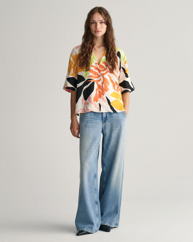 Camicia a maniche corte in lino Palm Print relaxed fit