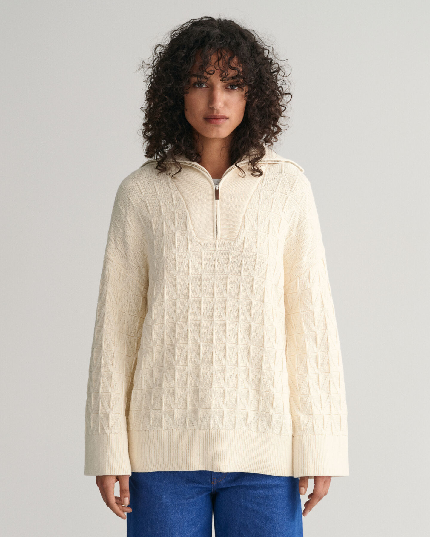 Maglia con motivo a spina di pesce con zip corta